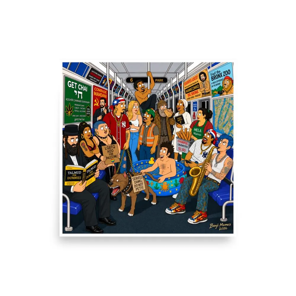 NYC Subway Chaos Funny Poster Print, New York City Satire, Urban Humor Cartoon Wall Art