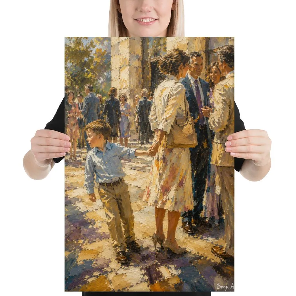 Child Tugging Mother's Hand Canvas Art – Family Gathering Wall Canvas – Childhood Memories Artwork – Nostalgic Family Decor