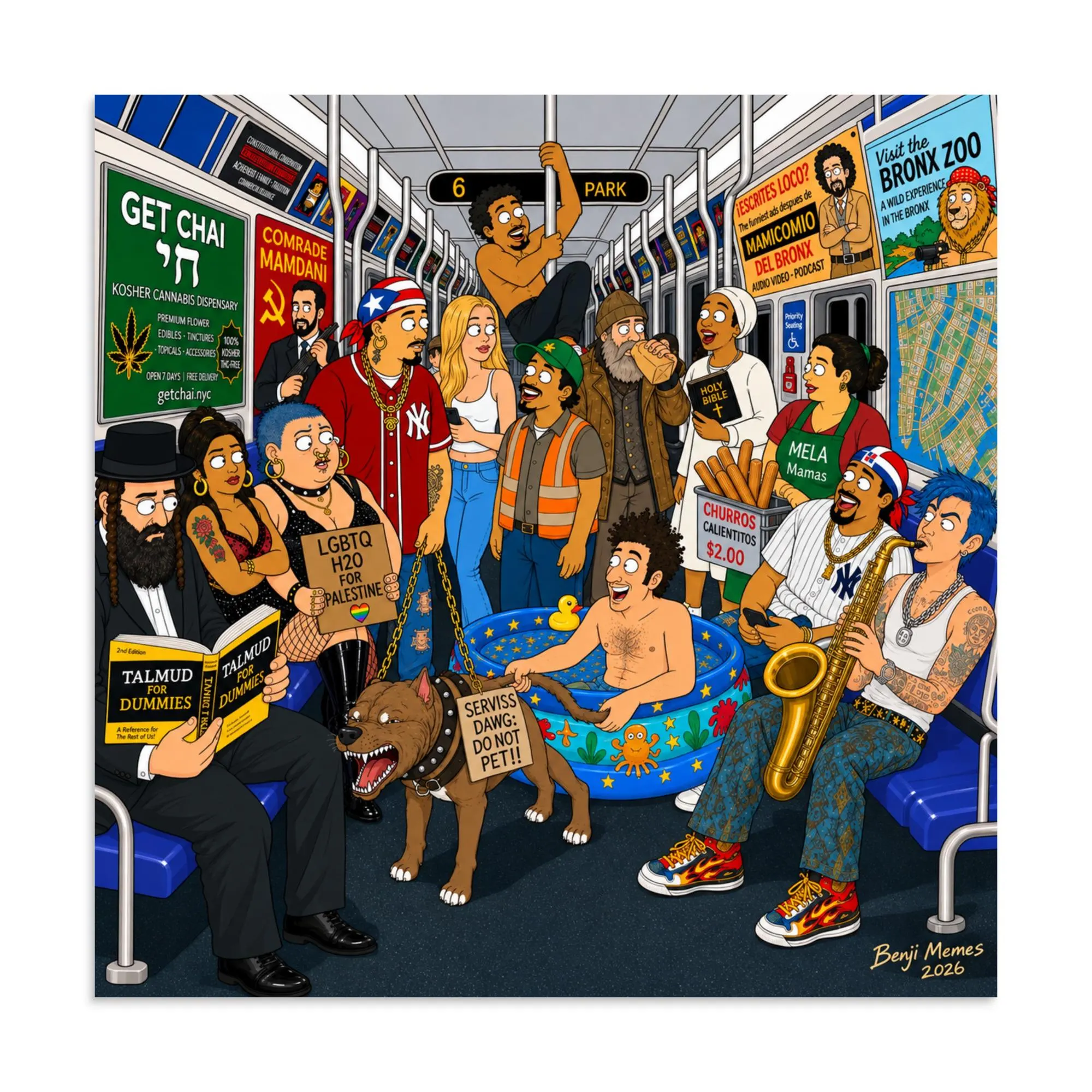 NYC Subway Chaos Funny Poster Print, New York City Satire, Urban Humor Cartoon Wall Art
