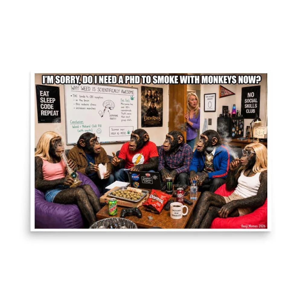 Funny Weed Smoking Monkeys Poster Print, 420 Marijuana Humor, Stoner Comedy Wall Art, Cannabis Meme