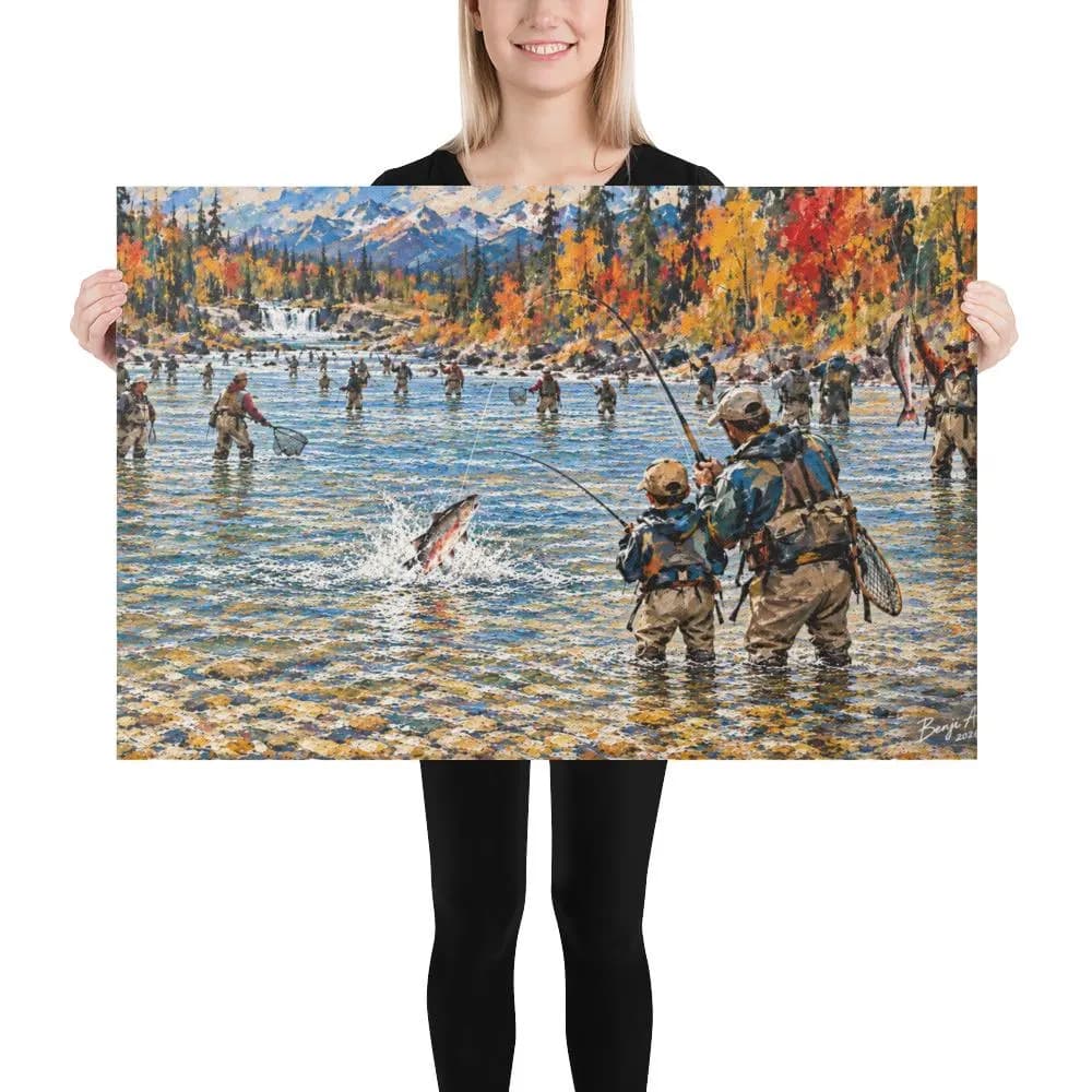 Father Son Alaska Salmon Fishing Canvas – Fly Fishing River Wrapped Wall Art