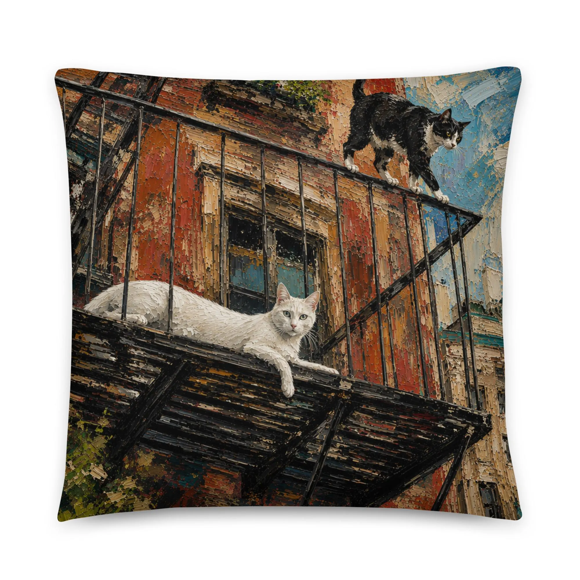 NYC Cat Throw Pillow, Double-Sided Cat Pillow, New York Brownstone Cat Decor, Fire Escape Cat Cushion, Cat Lover Home Decor,