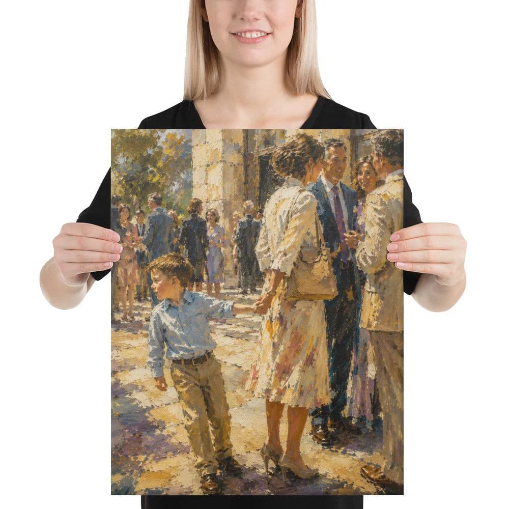 Child Tugging Mother's Hand Canvas Art – Family Gathering Wall Canvas – Childhood Memories Artwork – Nostalgic Family Decor