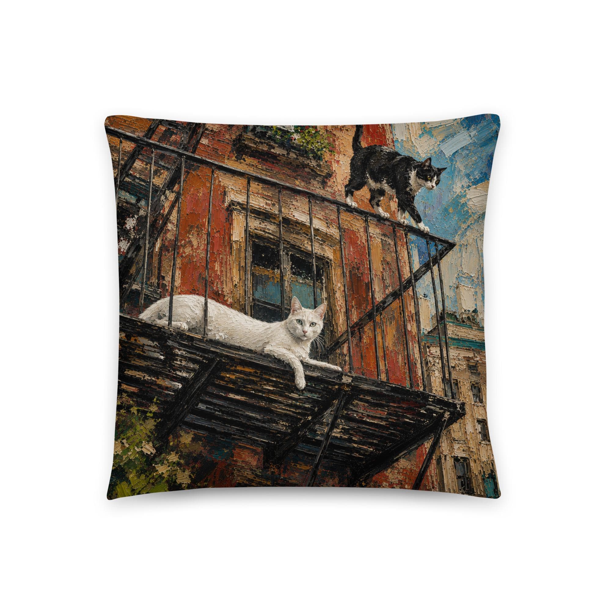 NYC Cat Throw Pillow, Double-Sided Cat Pillow, New York Brownstone Cat Decor, Fire Escape Cat Cushion, Cat Lover Home Decor,