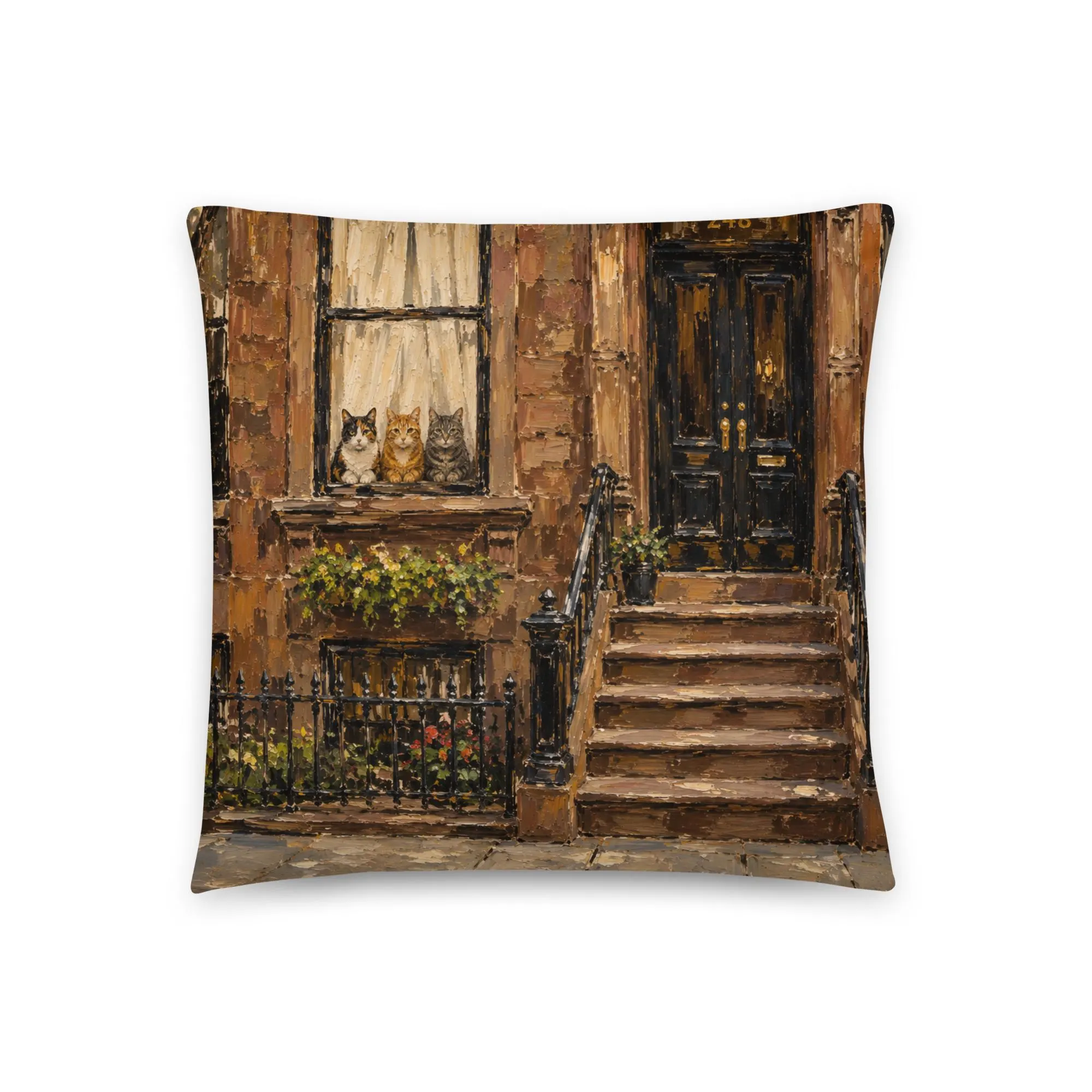 NYC Cat Throw Pillow, Double-Sided Cat Pillow, New York Brownstone Cat Decor, Fire Escape Cat Cushion, Cat Lover Home Decor,