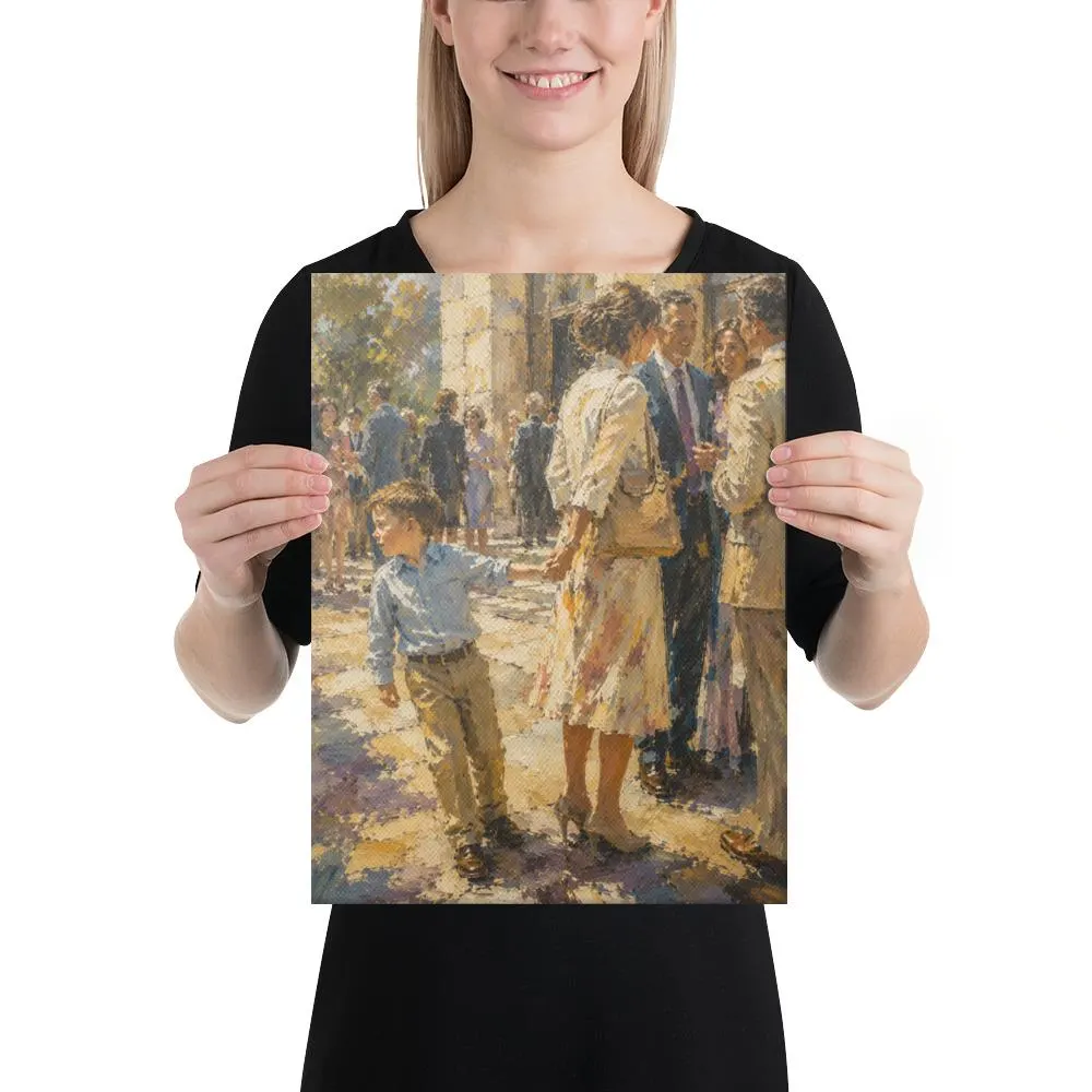 Child Tugging Mother's Hand Canvas Art – Family Gathering Wall Canvas – Childhood Memories Artwork – Nostalgic Family Decor