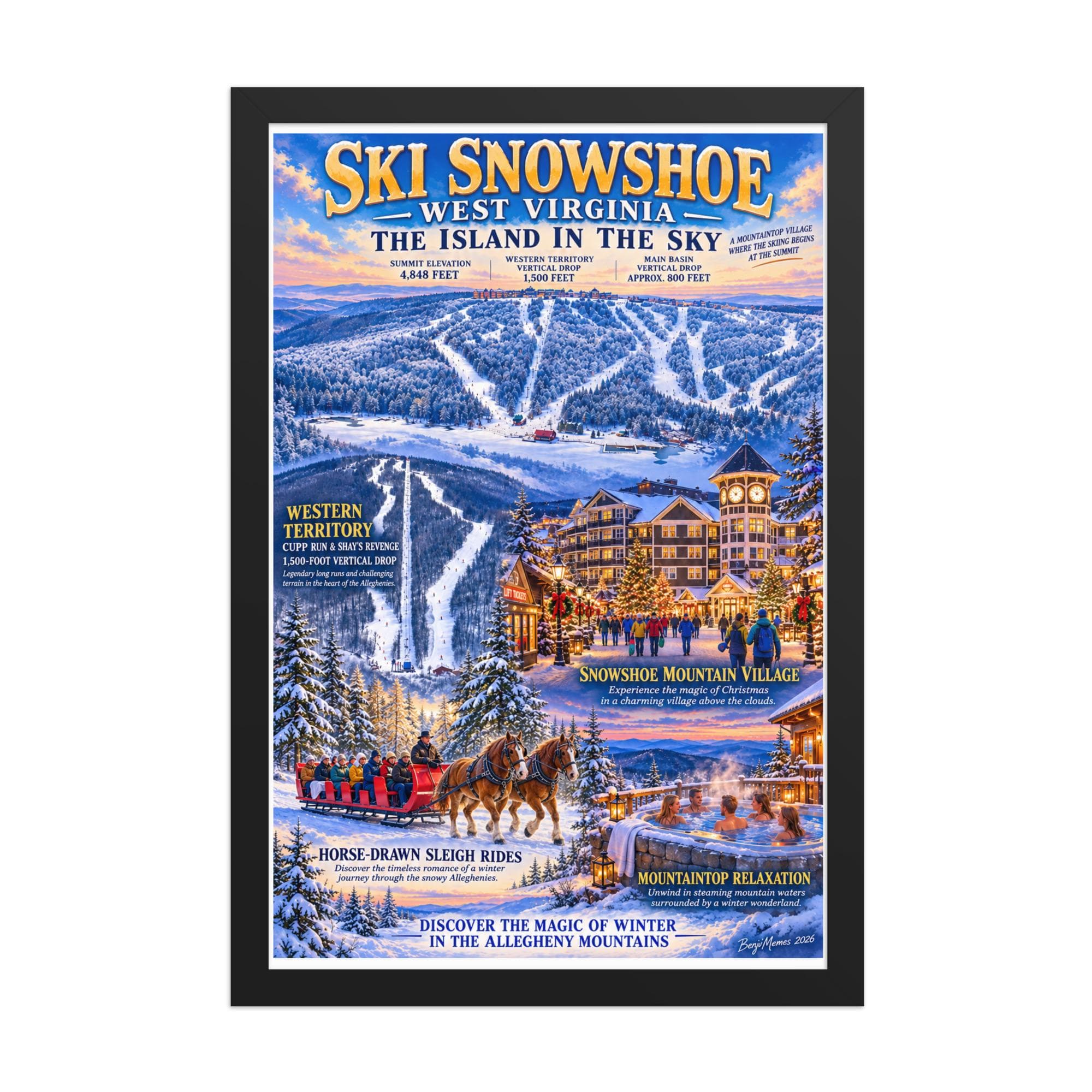 Snowshoe Mountain West Virginia Framed Ski Poster – Vintage Winter Resort Wall Art