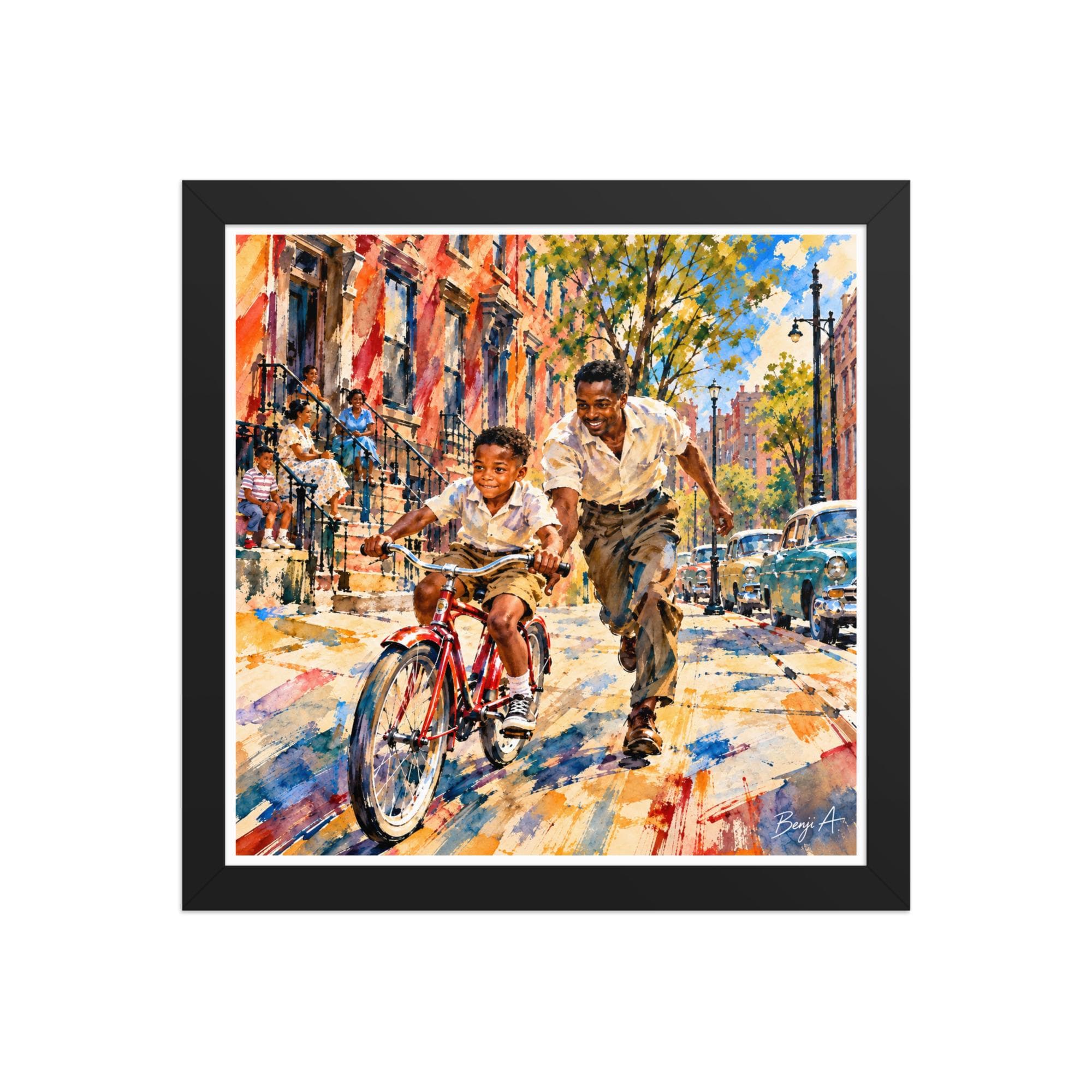 Black Father Son Framed Print, African American Family Art, 1950s Nostalgia, Learning to Ride Bicycle