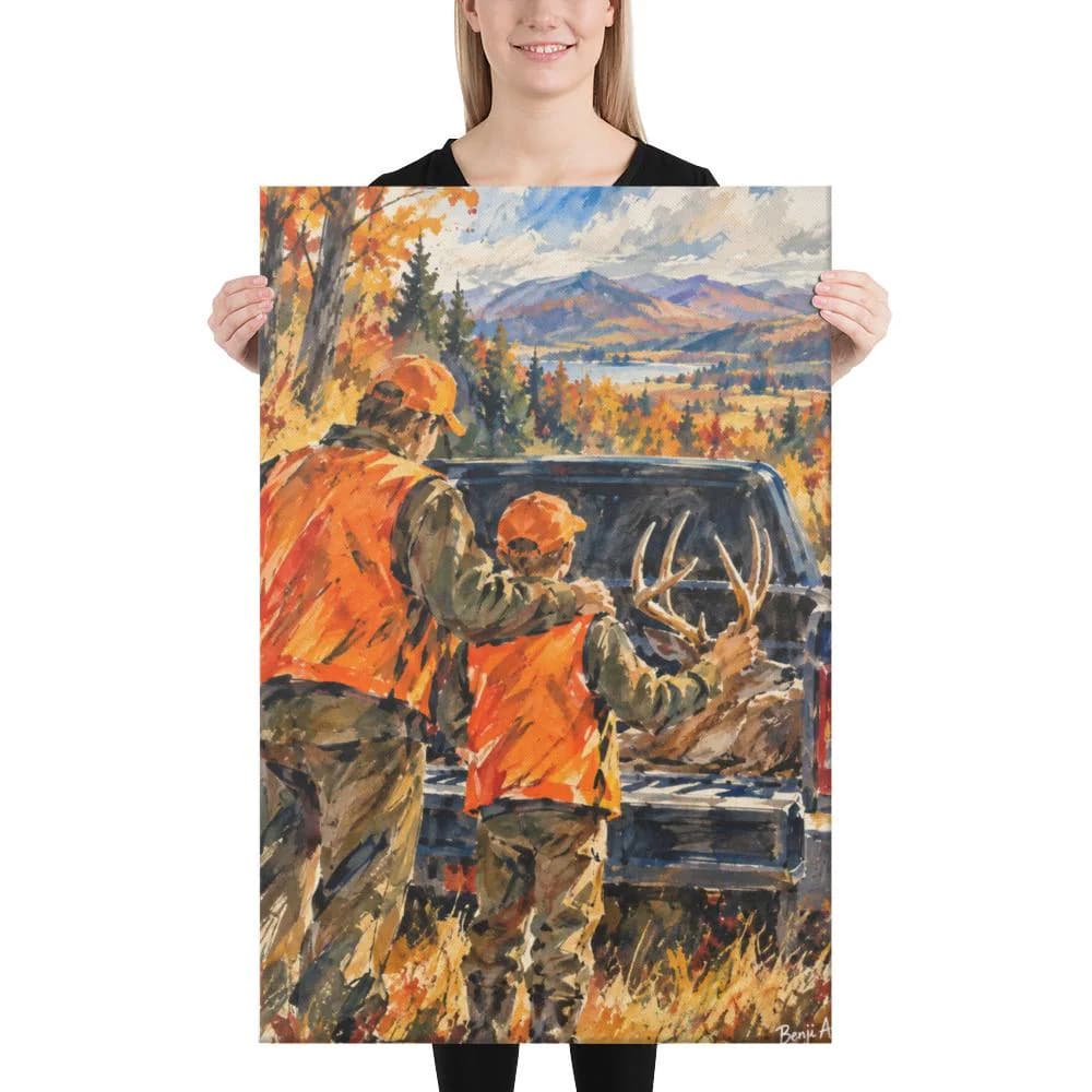 Father Son Deer Hunting Canvas Wall Art – Whitetail Buck Hunting Cabin Decor