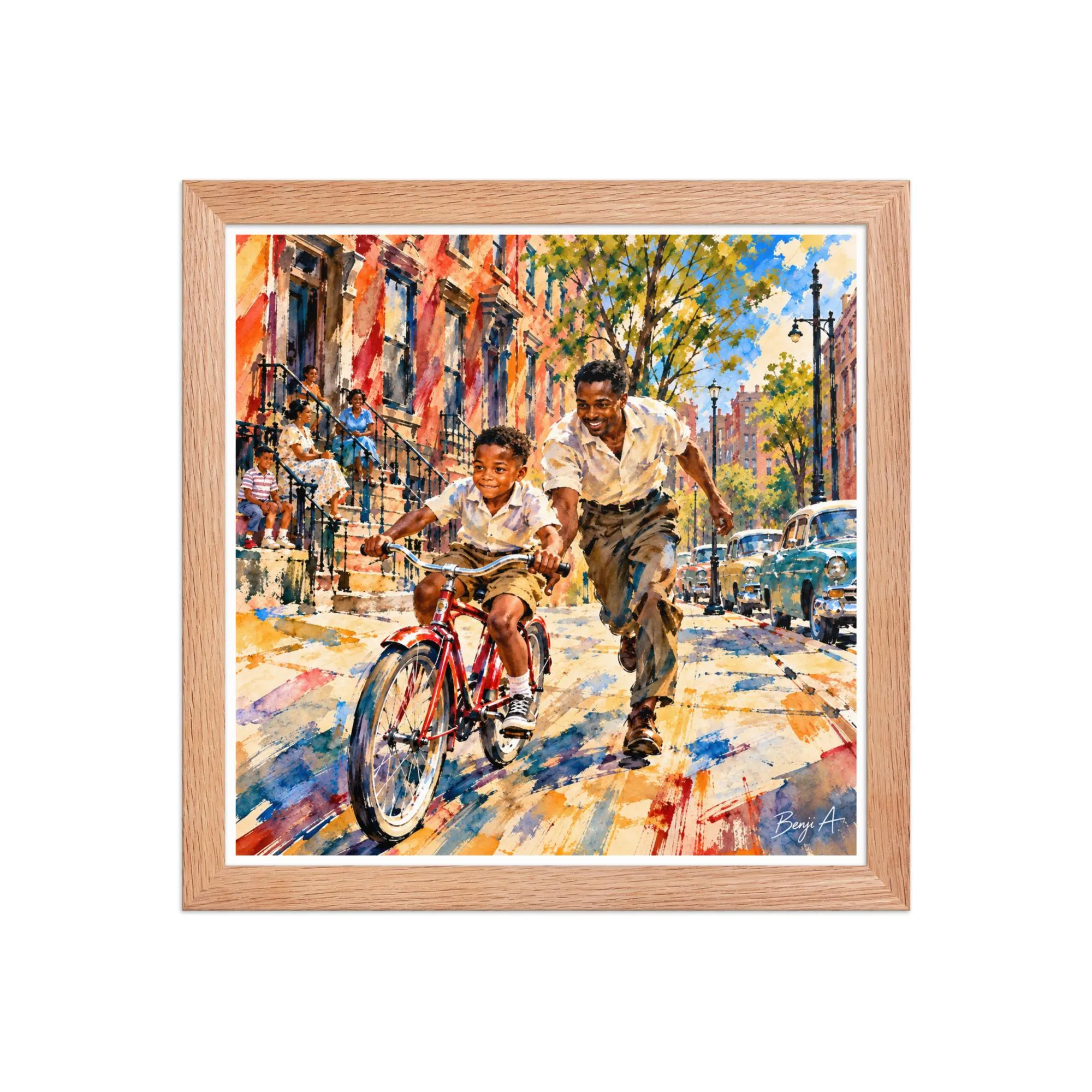 Black Father Son Framed Print, African American Family Art, 1950s Nostalgia, Learning to Ride Bicycle