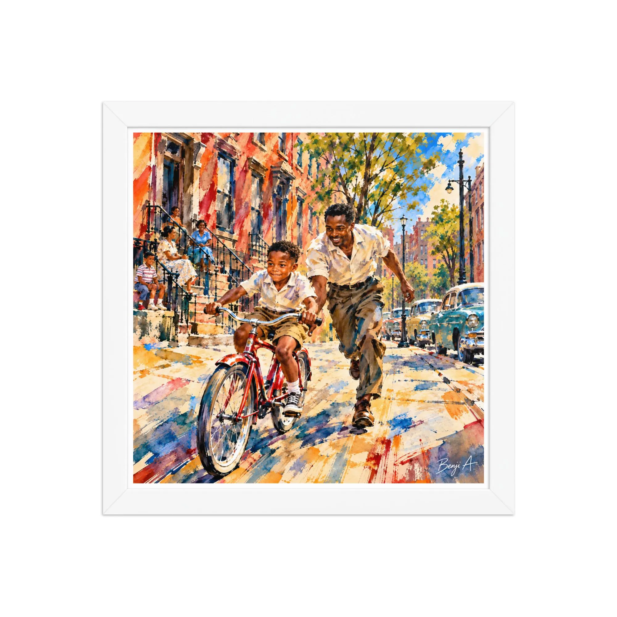 Black Father Son Framed Print, African American Family Art, 1950s Nostalgia, Learning to Ride Bicycle