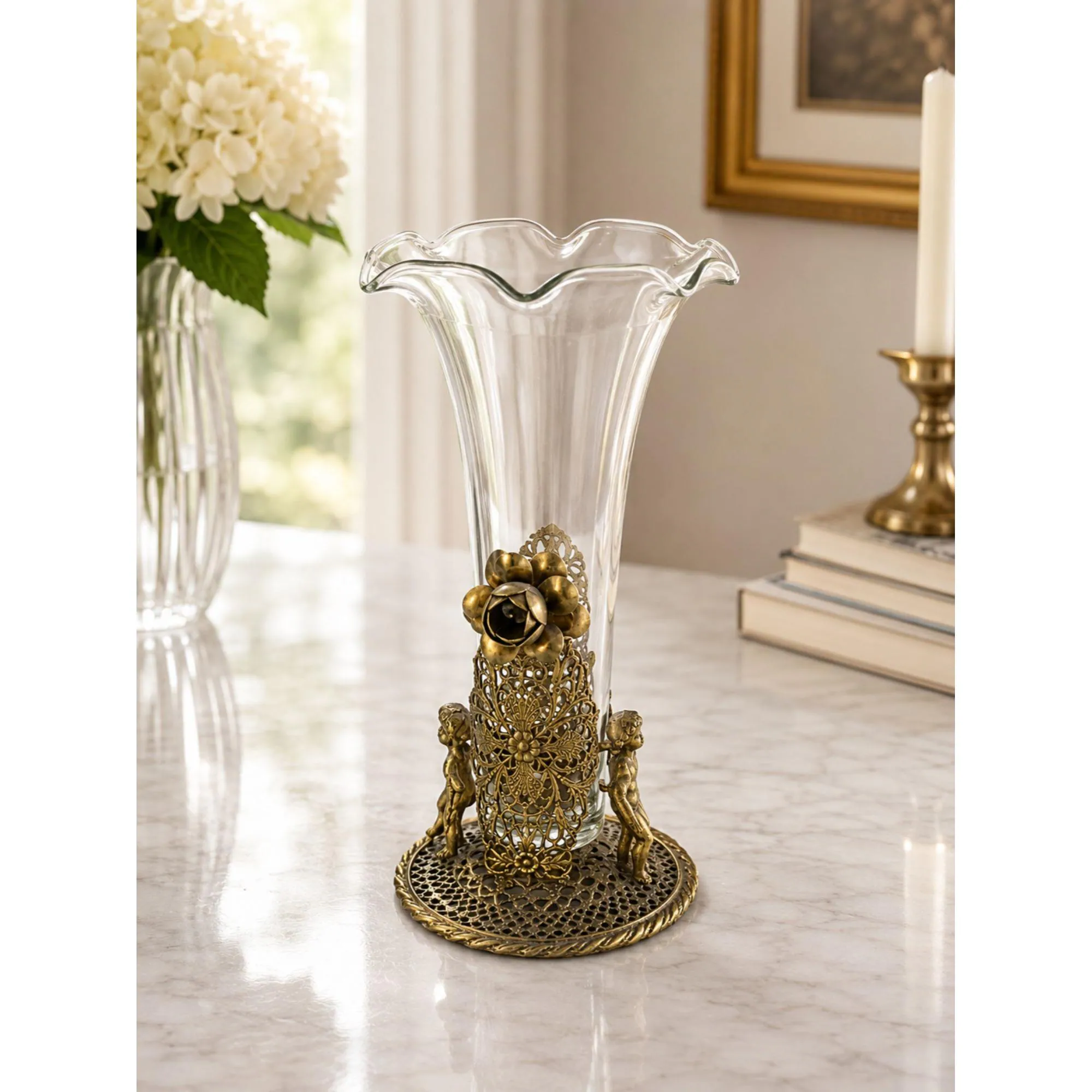 Mid Century Hollywood Regency Brass Cherub Filigree Glass Bud Vase