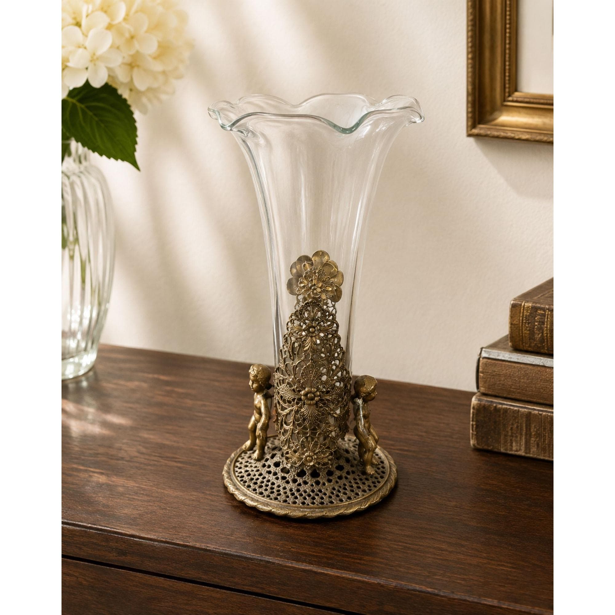 Mid Century Hollywood Regency Brass Cherub Filigree Glass Bud Vase - image 3