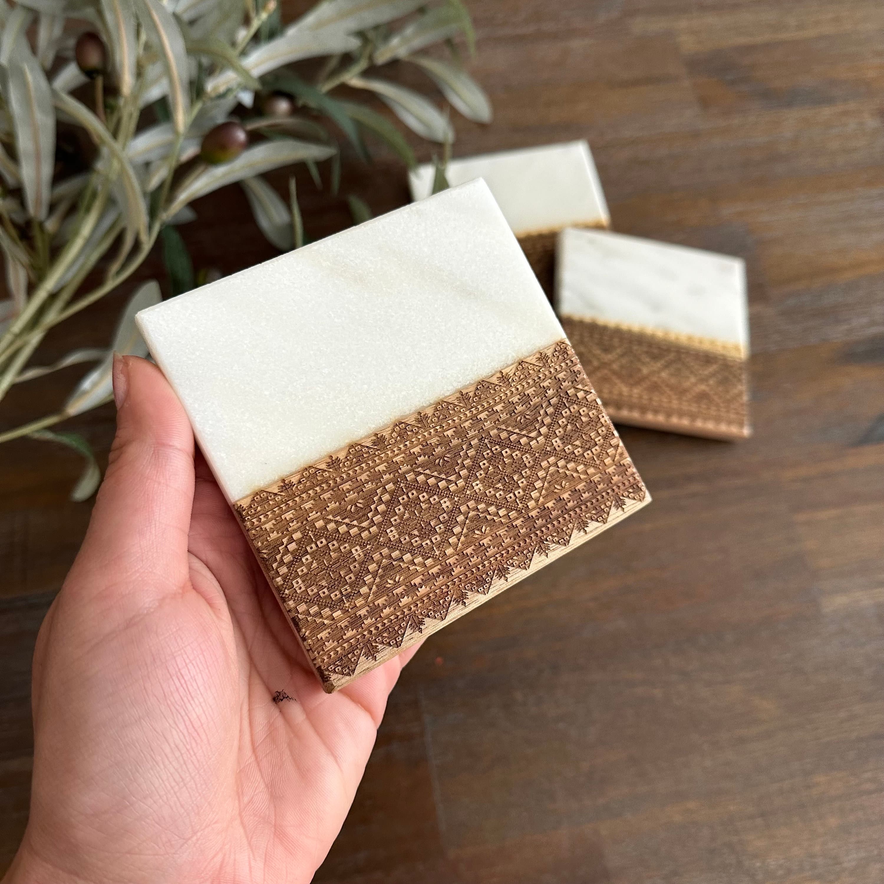 Palestinian Tatreez Wood/Marble Coasters | 4”x4” | Laser Engraved | Islamic Gift | Muslim | Eid | Holiday | Ramadan | Housewarming | Arab - image 2