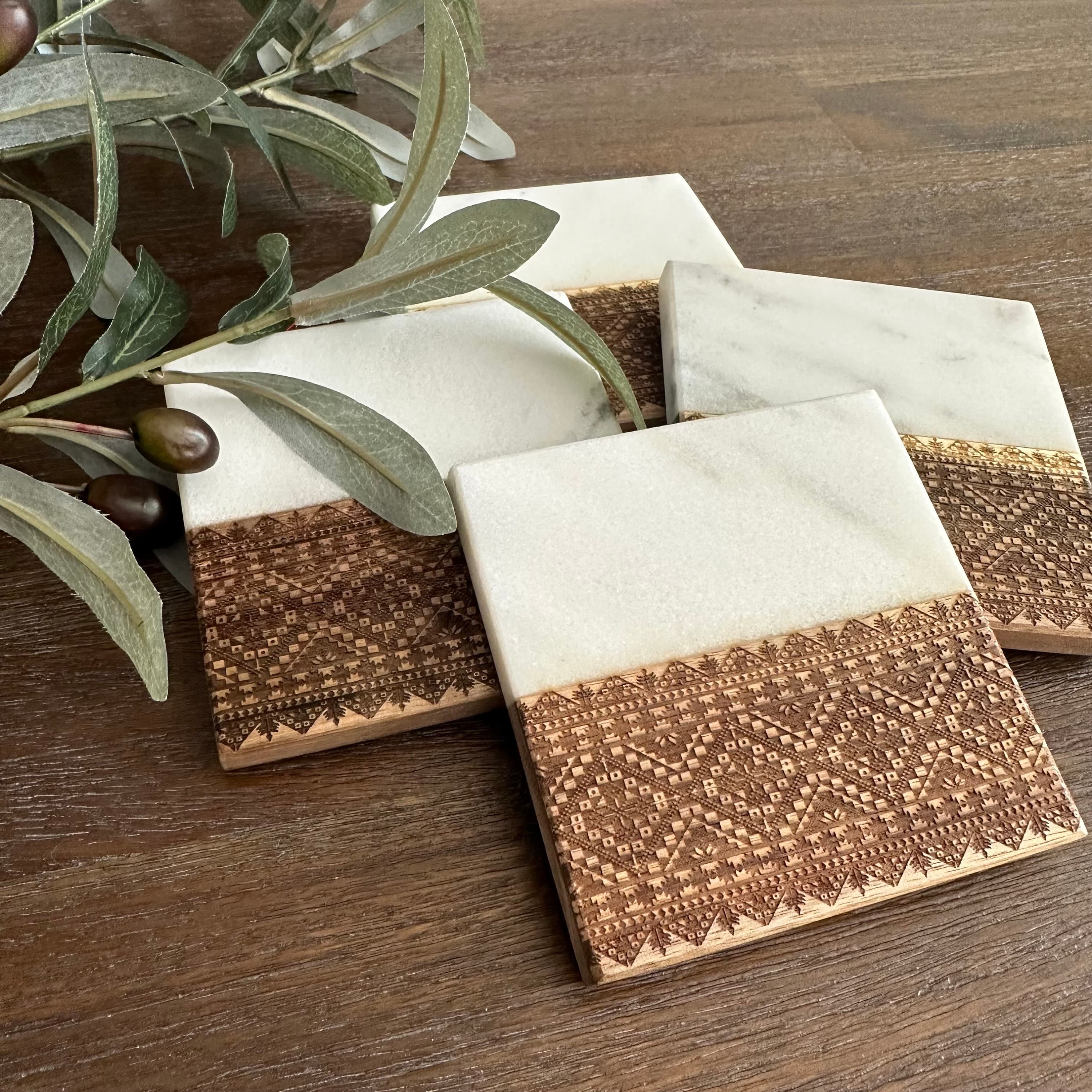 Palestinian Tatreez Wood/Marble Coasters | 4”x4” | Laser Engraved | Islamic Gift | Muslim | Eid | Holiday | Ramadan | Housewarming | Arab