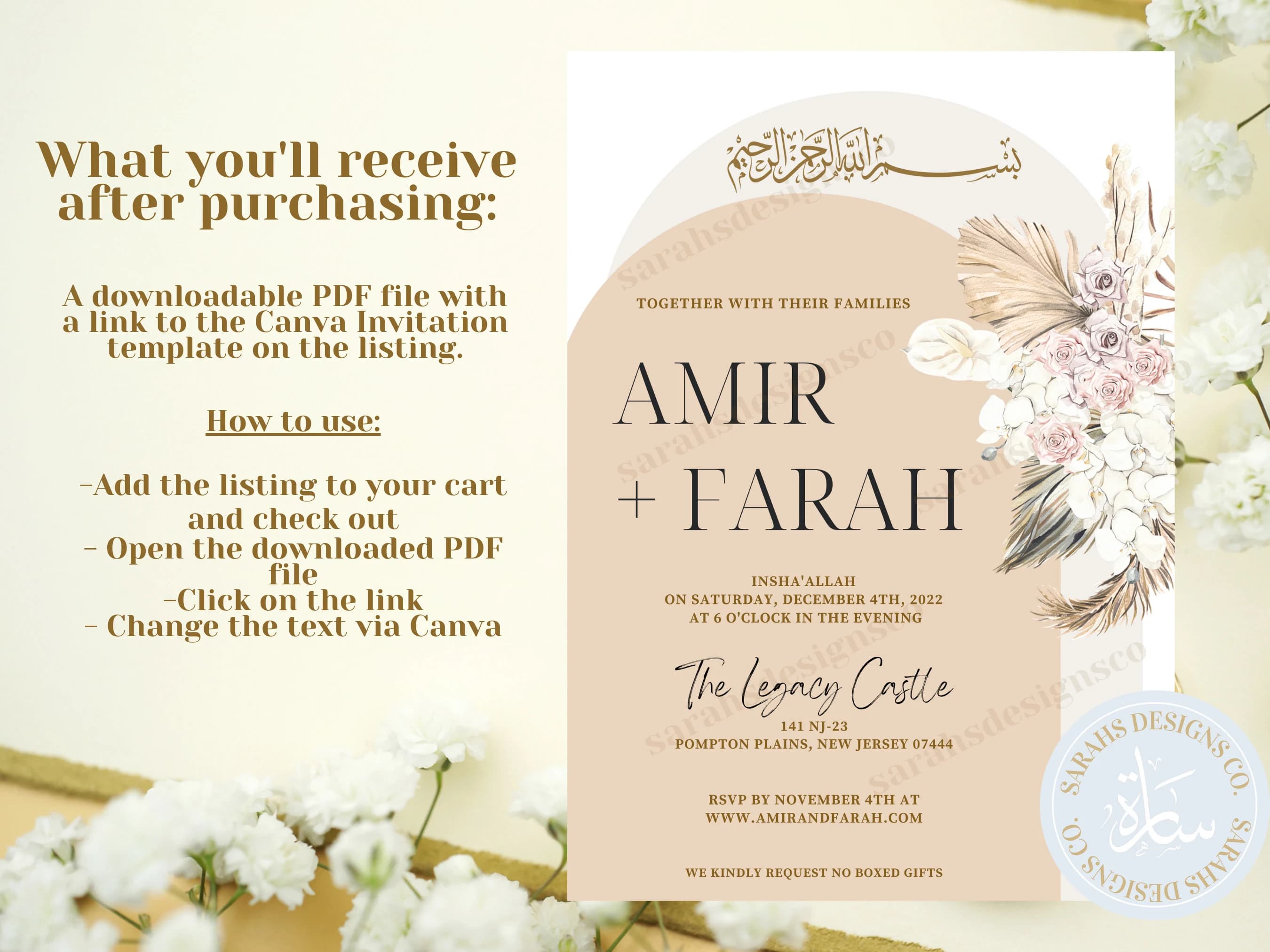 Boho Muslim Wedding Invitation | Digital Download | Easy to Edit | Canva Template | Valima | Islamic Wedding Invitation | DIY | 5" x7" - image 4