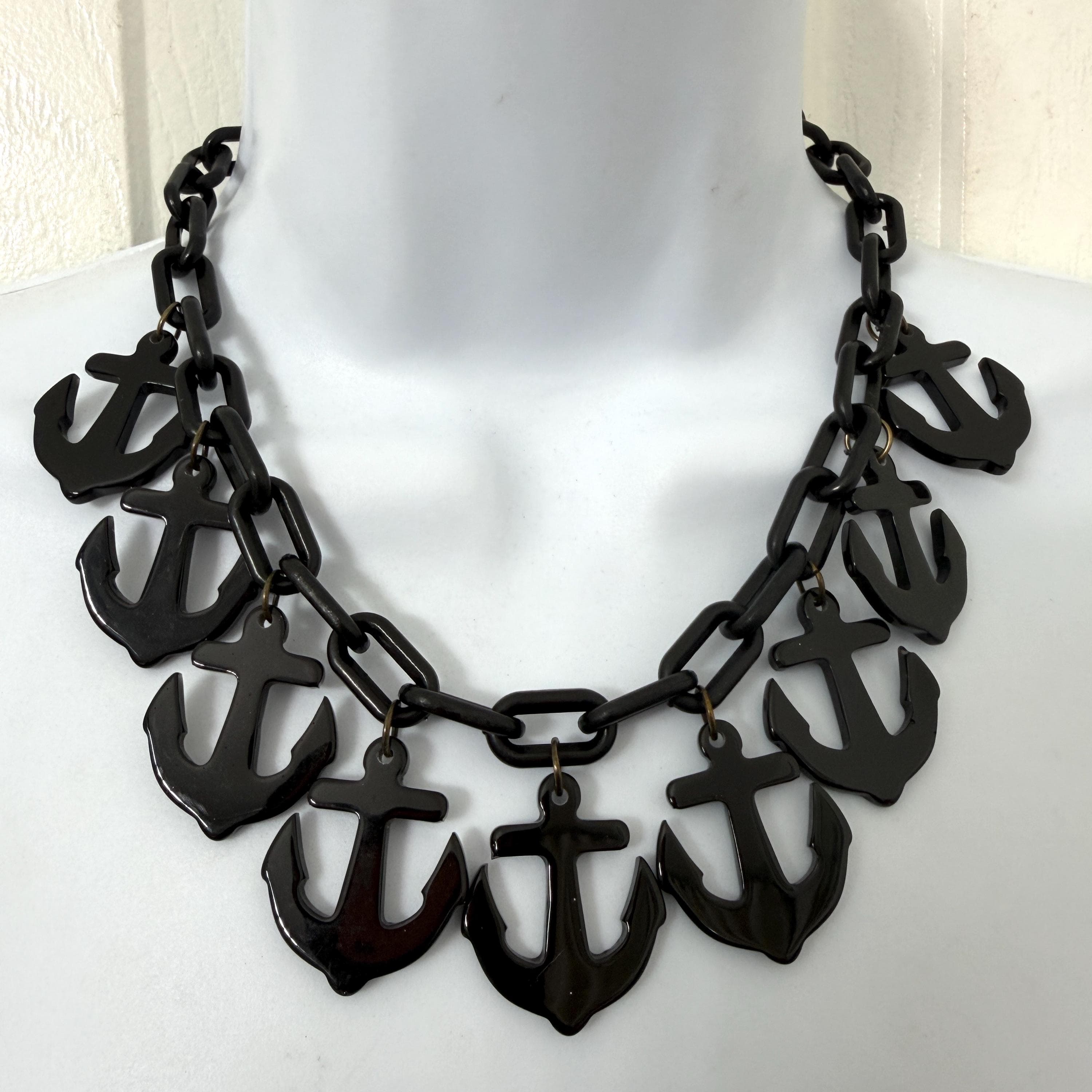 Retro Plastic Anchor Nautical Novelty Fakelite Assemblage Necklace Earrings in the style of WW2 Wartime Jewelry