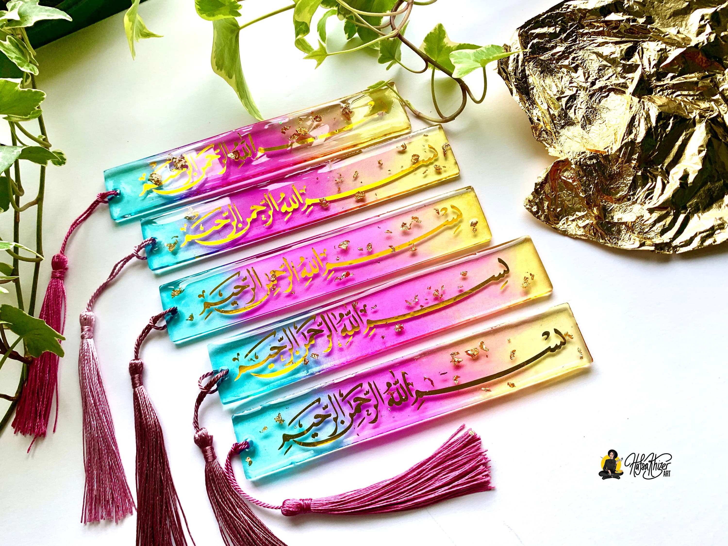 Bismillah Islamic Bookmark: pastel Pink & Blue, with Tassel - image 5
