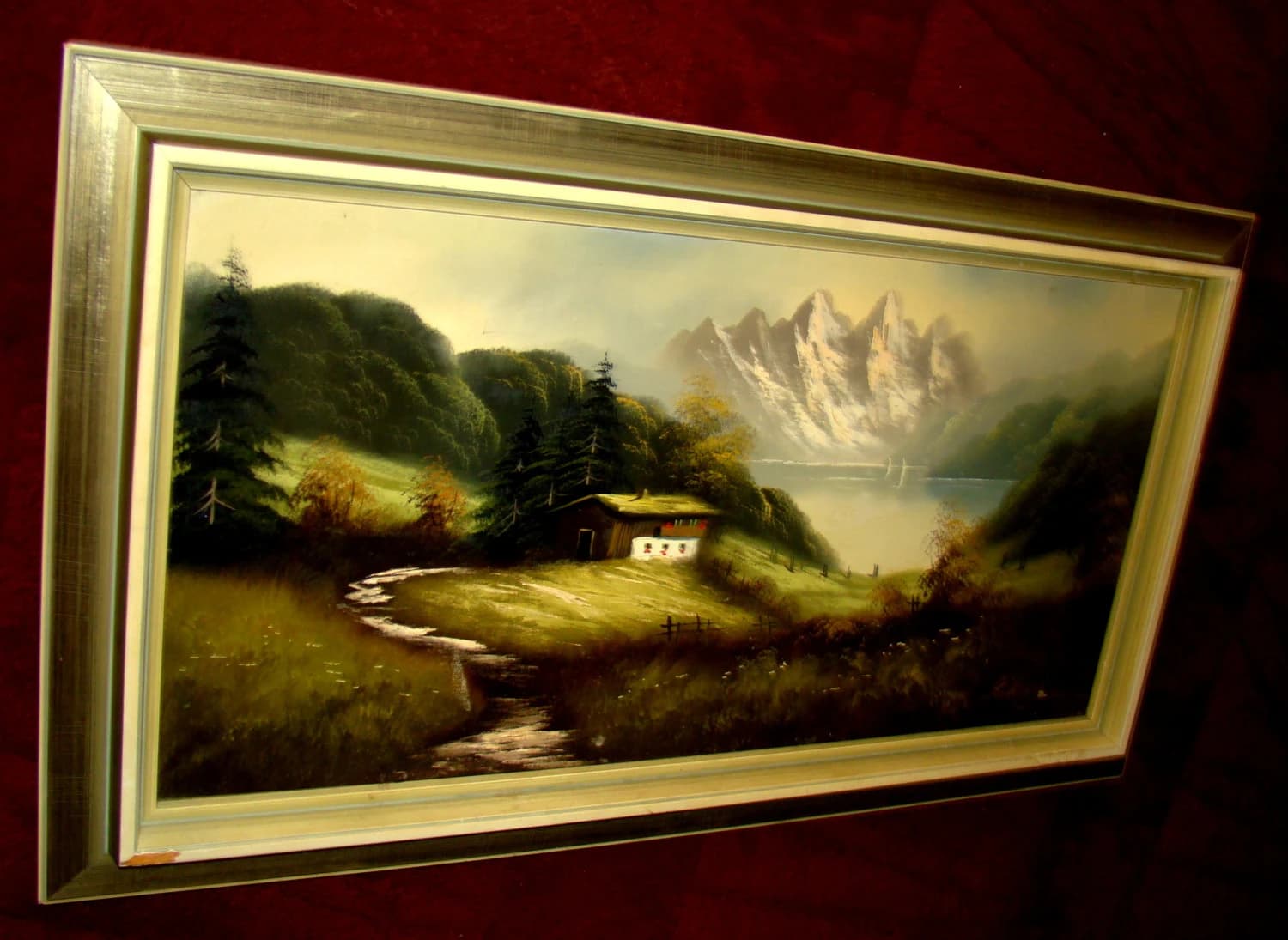 Original Antique LARGE Signed Attractive Lake and Mountains landscape Oil Painting on old dense Canvas inside Antique Shadowbox frame