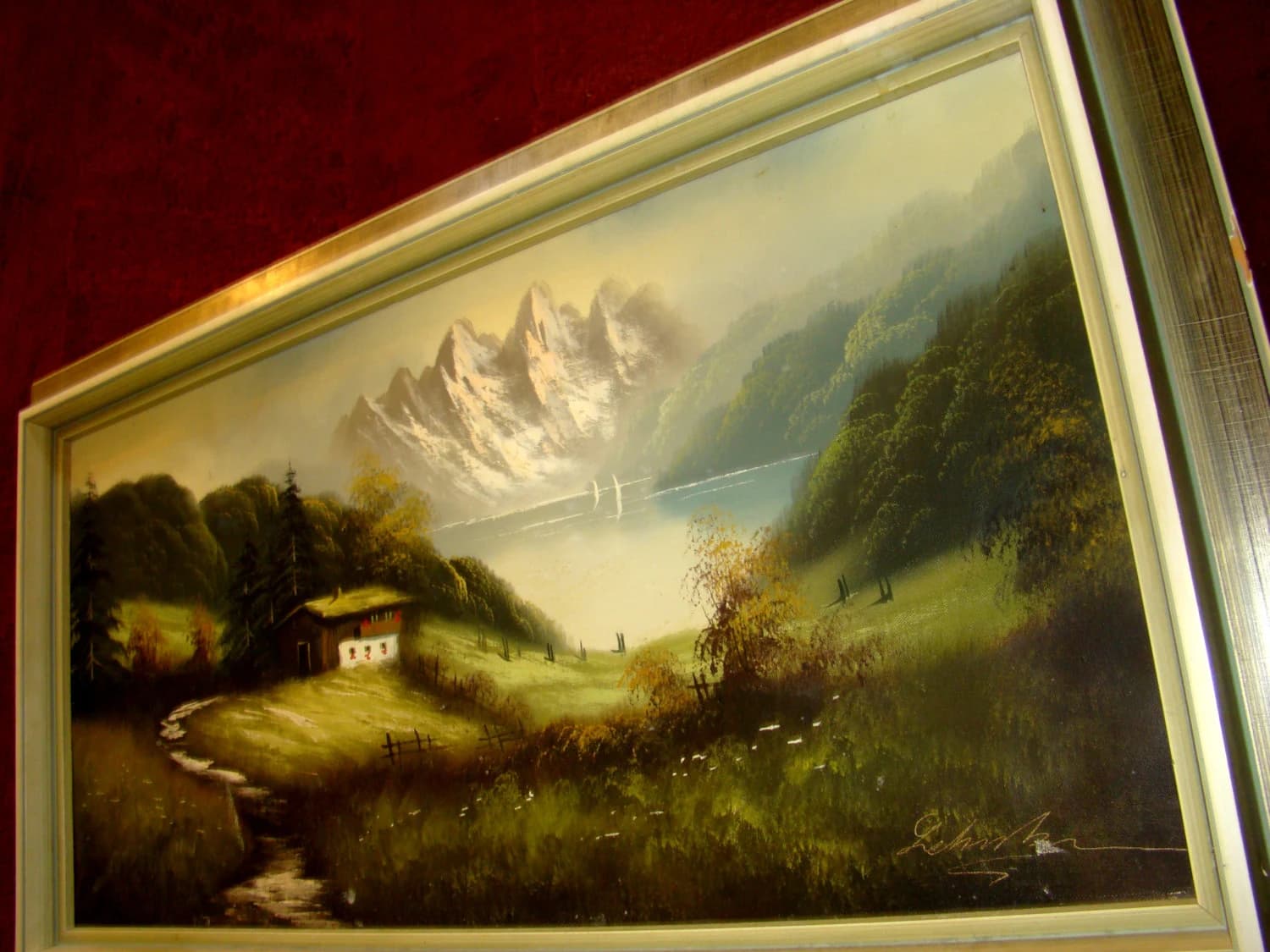 Original Antique LARGE Signed Attractive Lake and Mountains landscape Oil Painting on old dense Canvas inside Antique Shadowbox frame - image 4