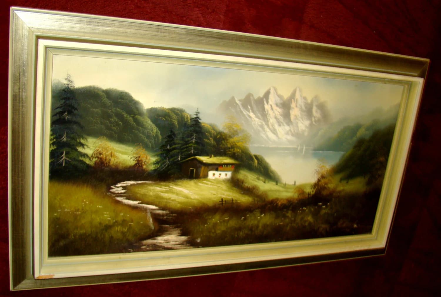 Original Antique LARGE Signed Attractive Lake and Mountains landscape Oil Painting on old dense Canvas inside Antique Shadowbox frame - image 2