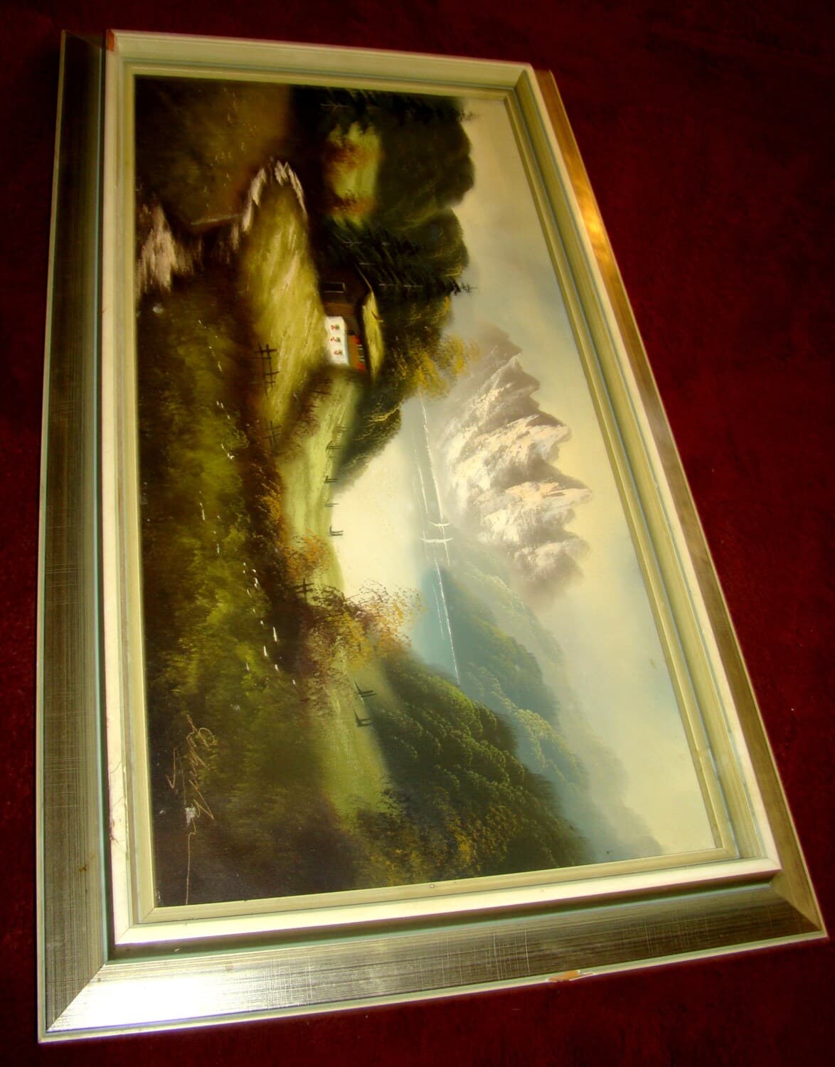 Original Antique LARGE Signed Attractive Lake and Mountains landscape Oil Painting on old dense Canvas inside Antique Shadowbox frame - image 3