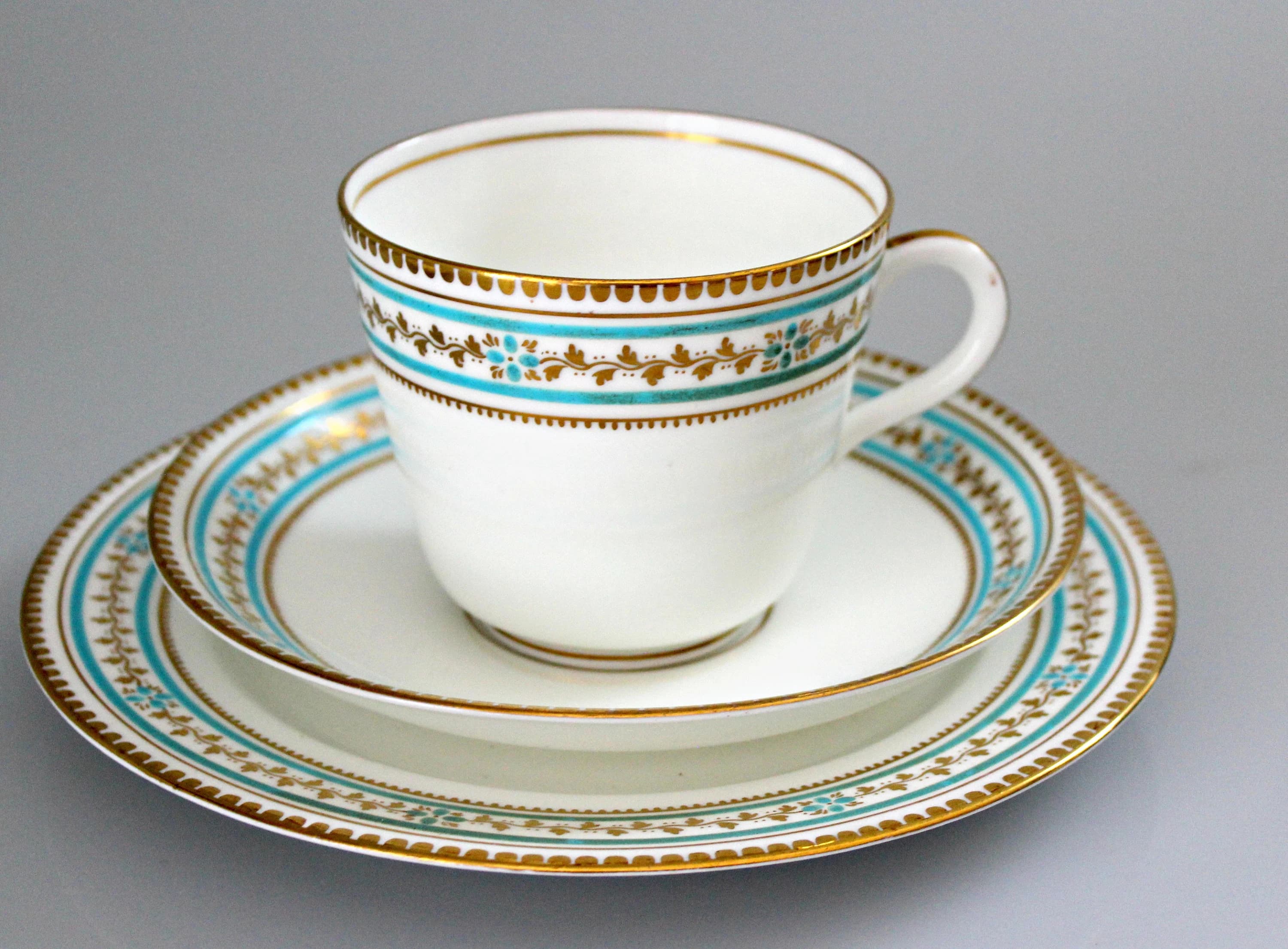 Antique Powell & Bishop Turquoise Gold Floral Breakfast Set Large Tea Cup Saucer Lunch Plate Butter Pat England Ca 1871 Hand Painted - image 3