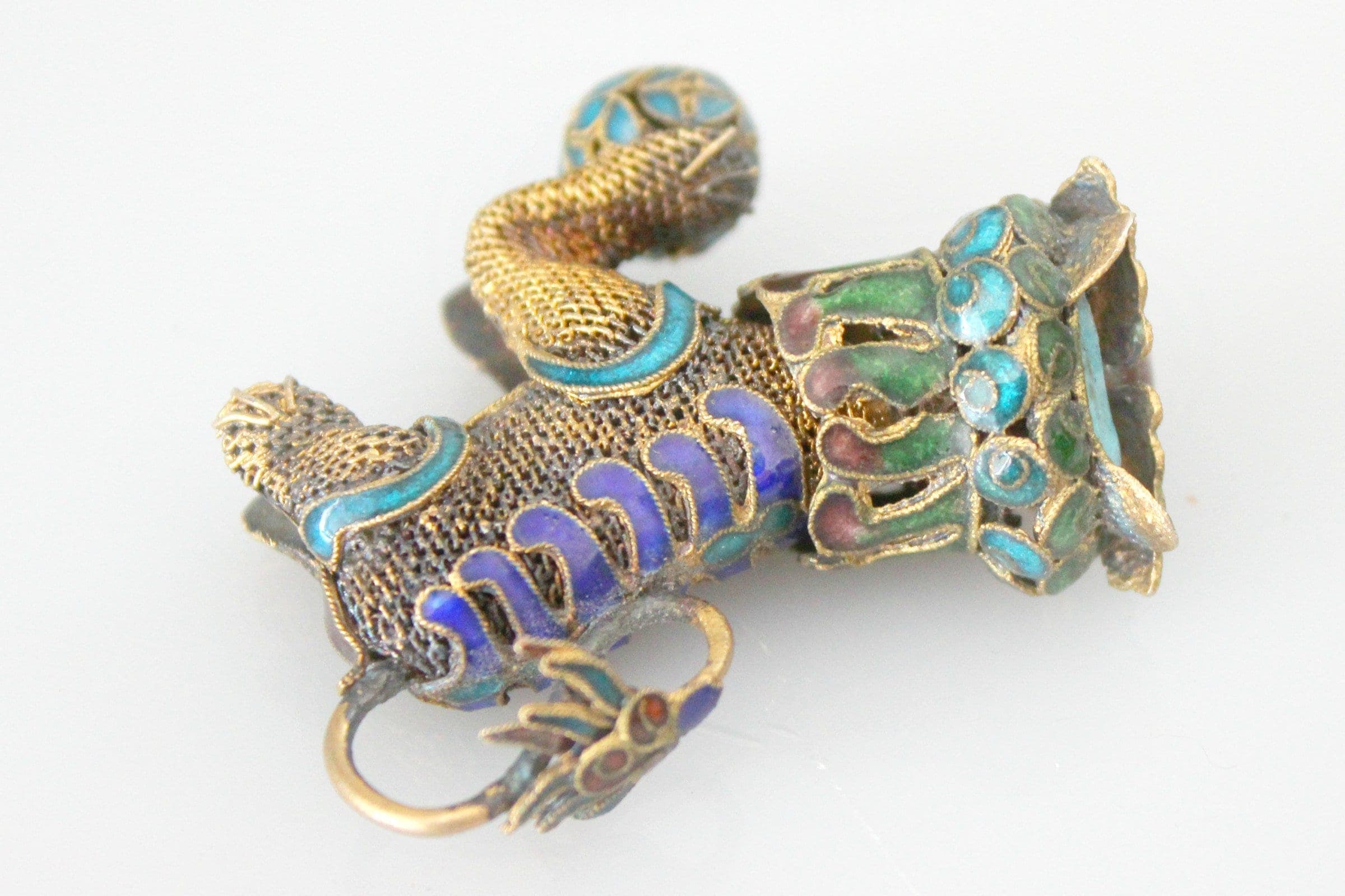 Old Chinese Guardian Lion Foo Dog Amulet Pendant Enamel on Metal Whimsical Jewelry 1.75'' L - image 4
