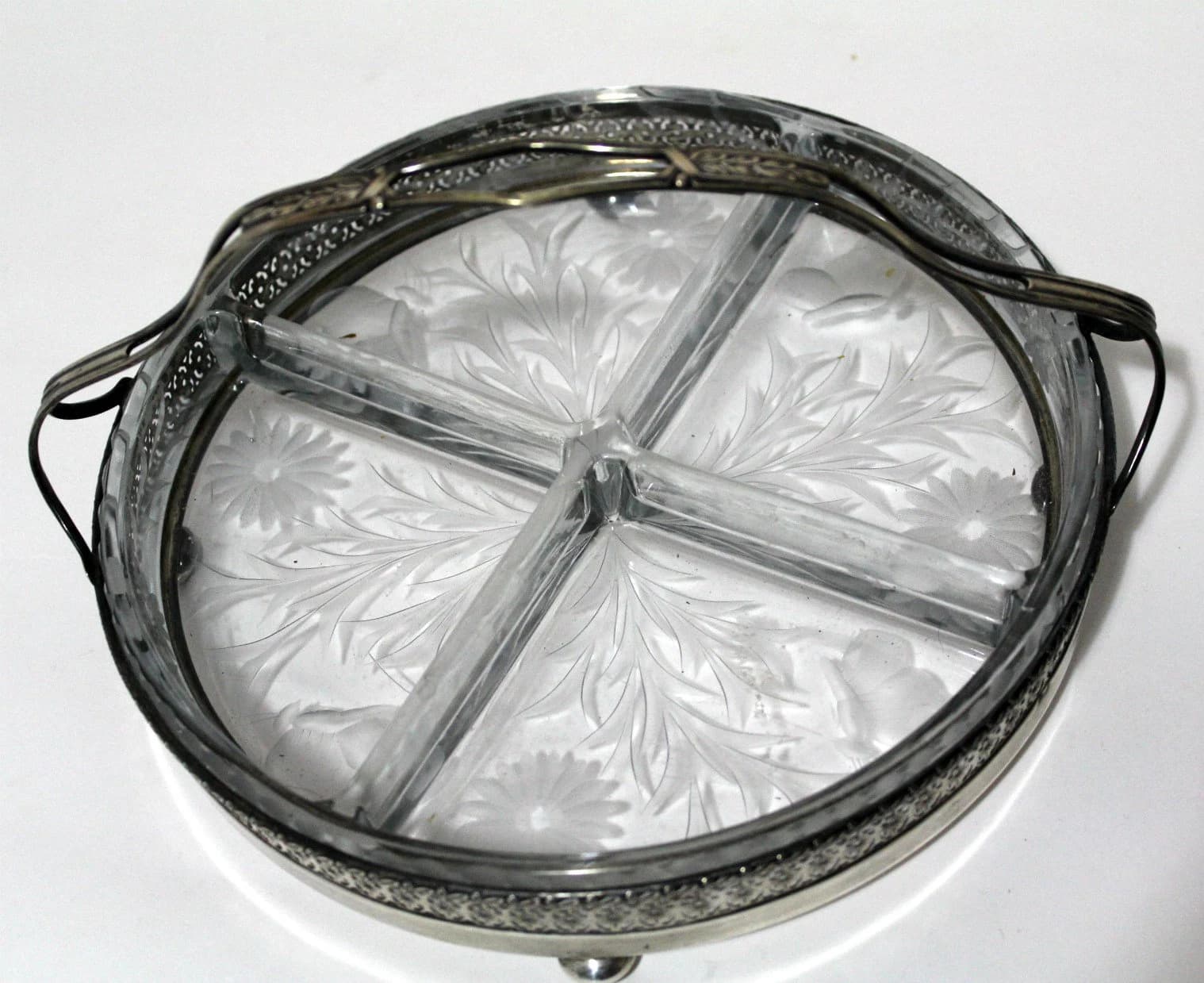 Antique Sterling Silver Hors d'Oeuvres Dish Wheel Cut Glass Footed Relish Tray by Wilcox and Wagoner 8.5'' 1920's RARE - image 3