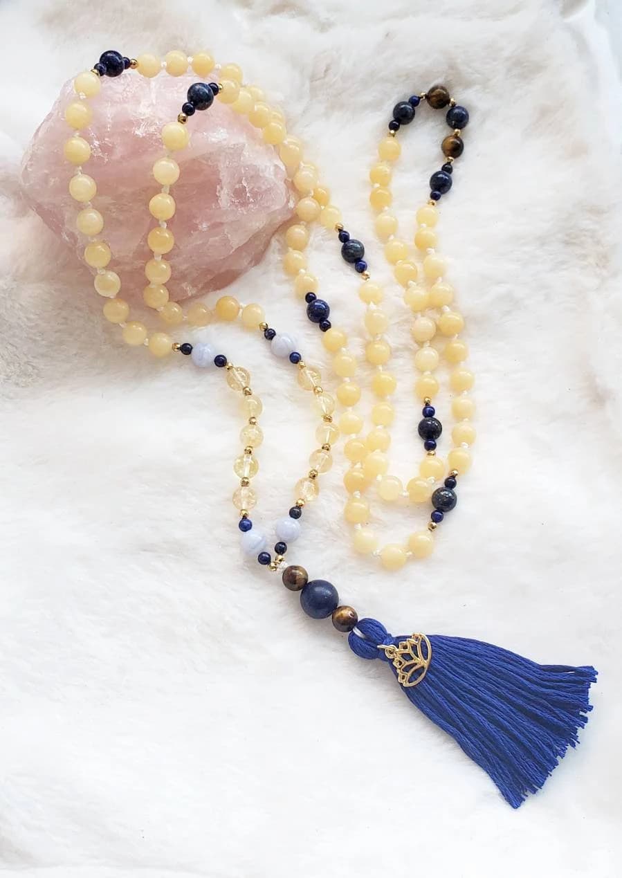 Honey Calcite Mala Necklace - Lapis Lazuli Meditation Beads, Yoga Jewelry