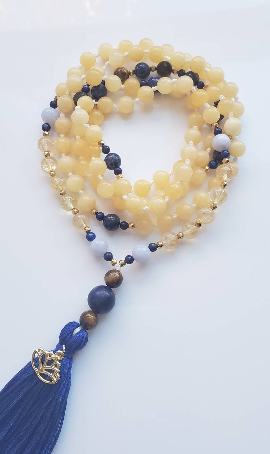 Honey Calcite Mala Necklace - Lapis Lazuli Meditation Beads, Yoga Jewelry - image 2
