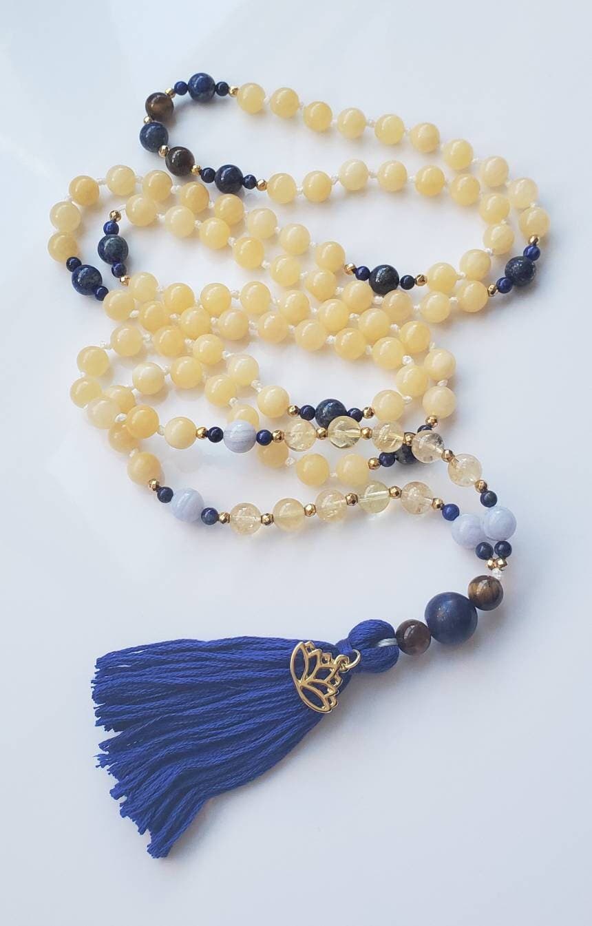 Honey Calcite Mala Necklace - Lapis Lazuli Meditation Beads, Yoga Jewelry - image 3