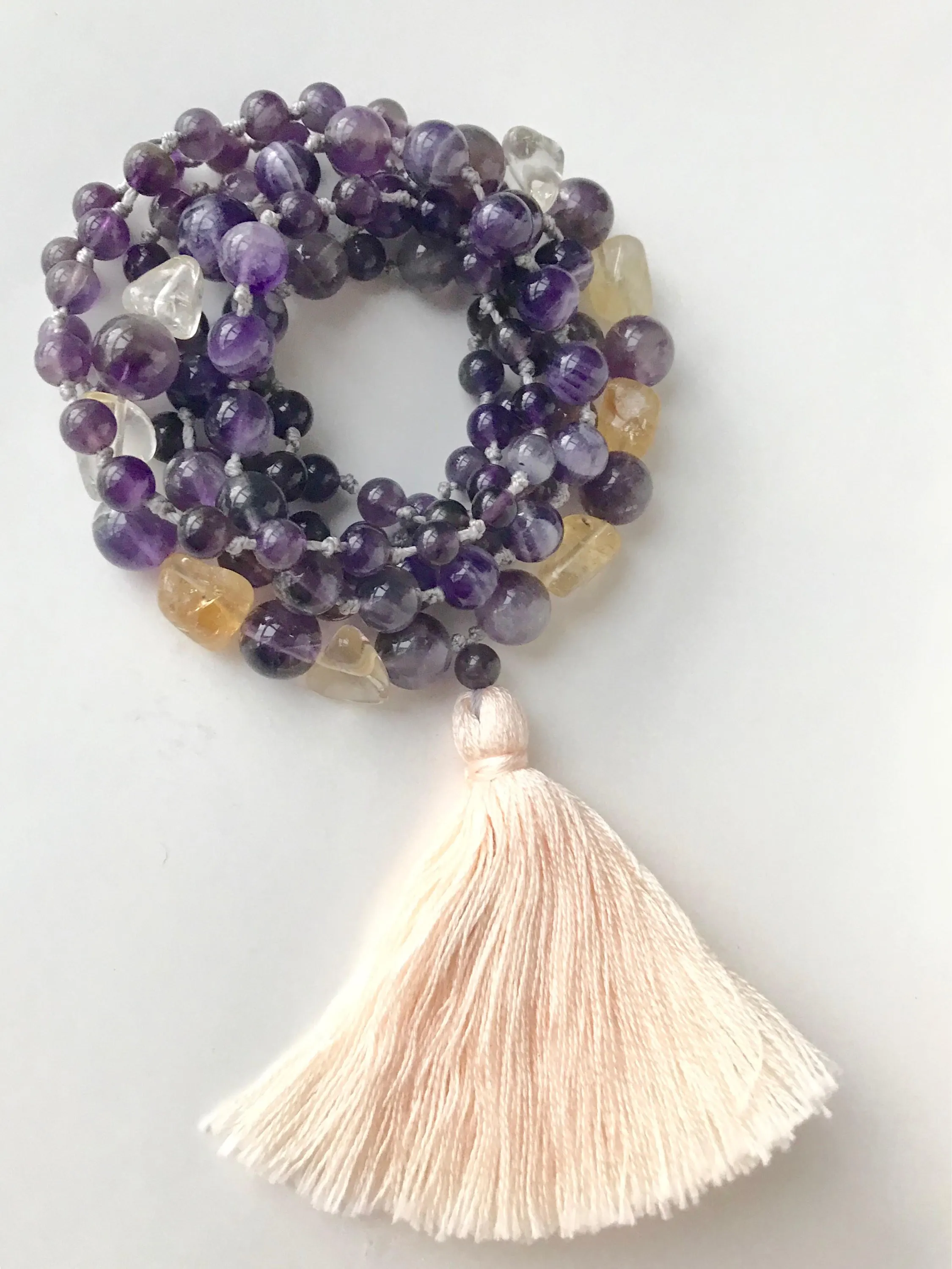 Amethyst & Citrine Mala Necklace - February Birthstone Jewelry