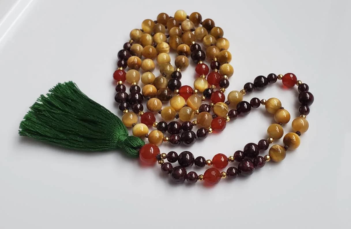 Tigers Eye 108 Mala Necklace – Garnet & Carnelian Gemstone Beads