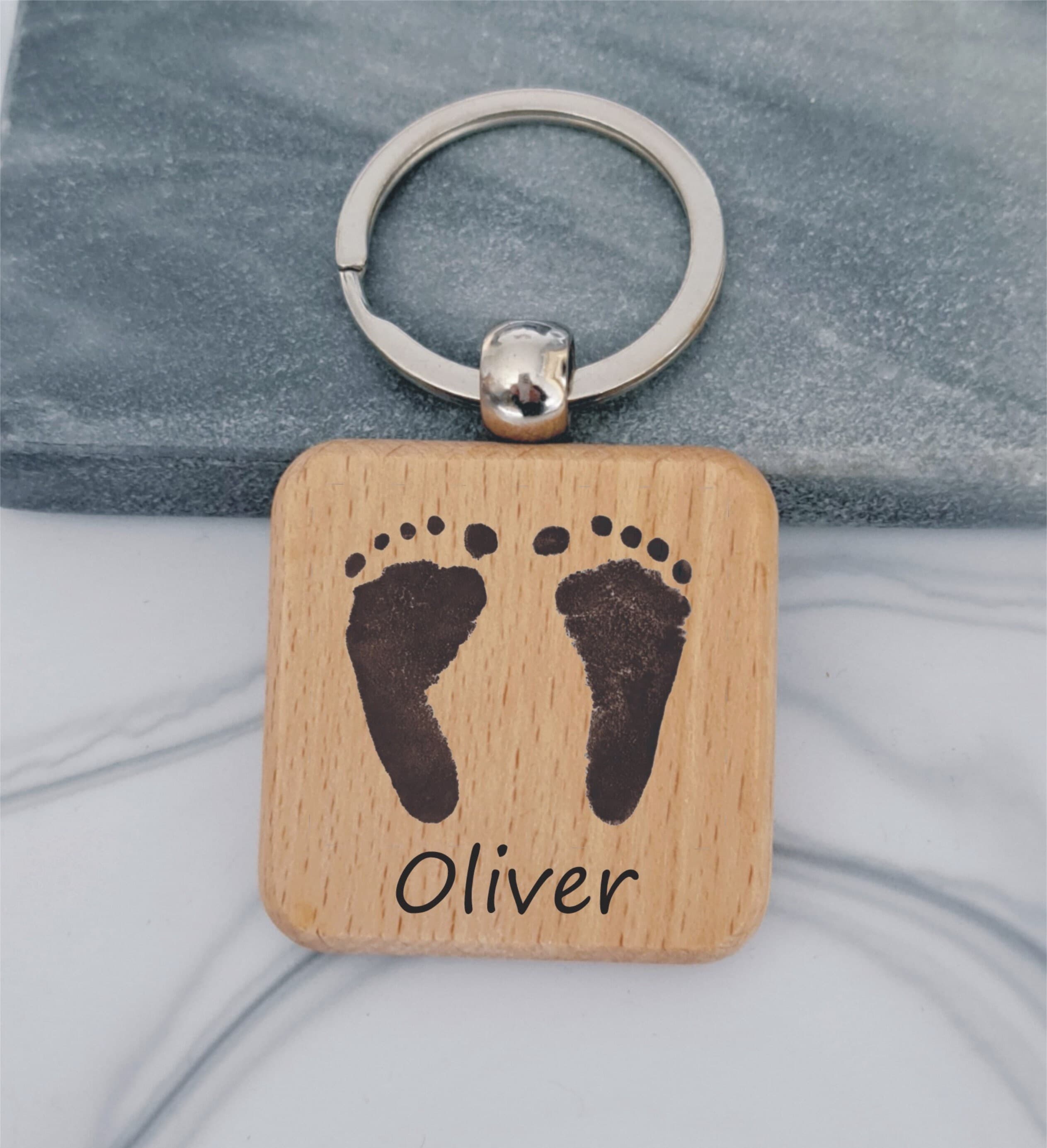 Engraved Wooden Baby Footprints Keyring - Unique 1st Father's Day Gift - Gift For Grandad, Grandma - Baby Keepsake Gift For New Dad