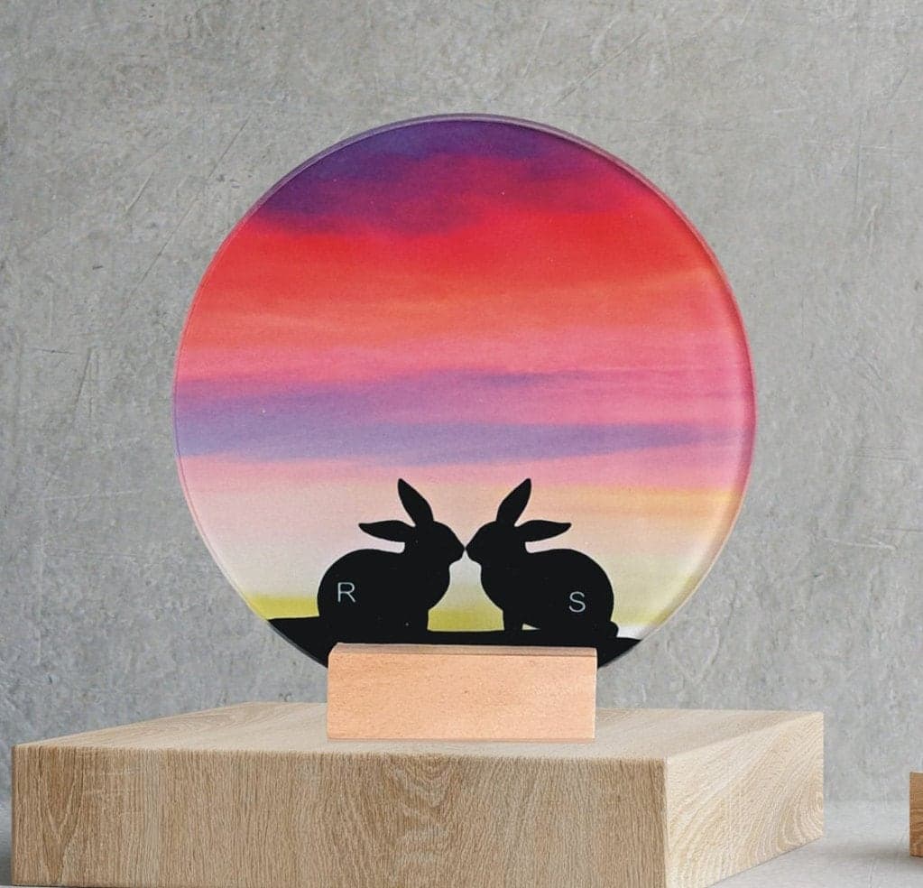 Valentine's Day Sunset Glass Ornament Keepsake, Desk Plaque, Sentimental 3rd Anniversary Gift, Personalised with initials