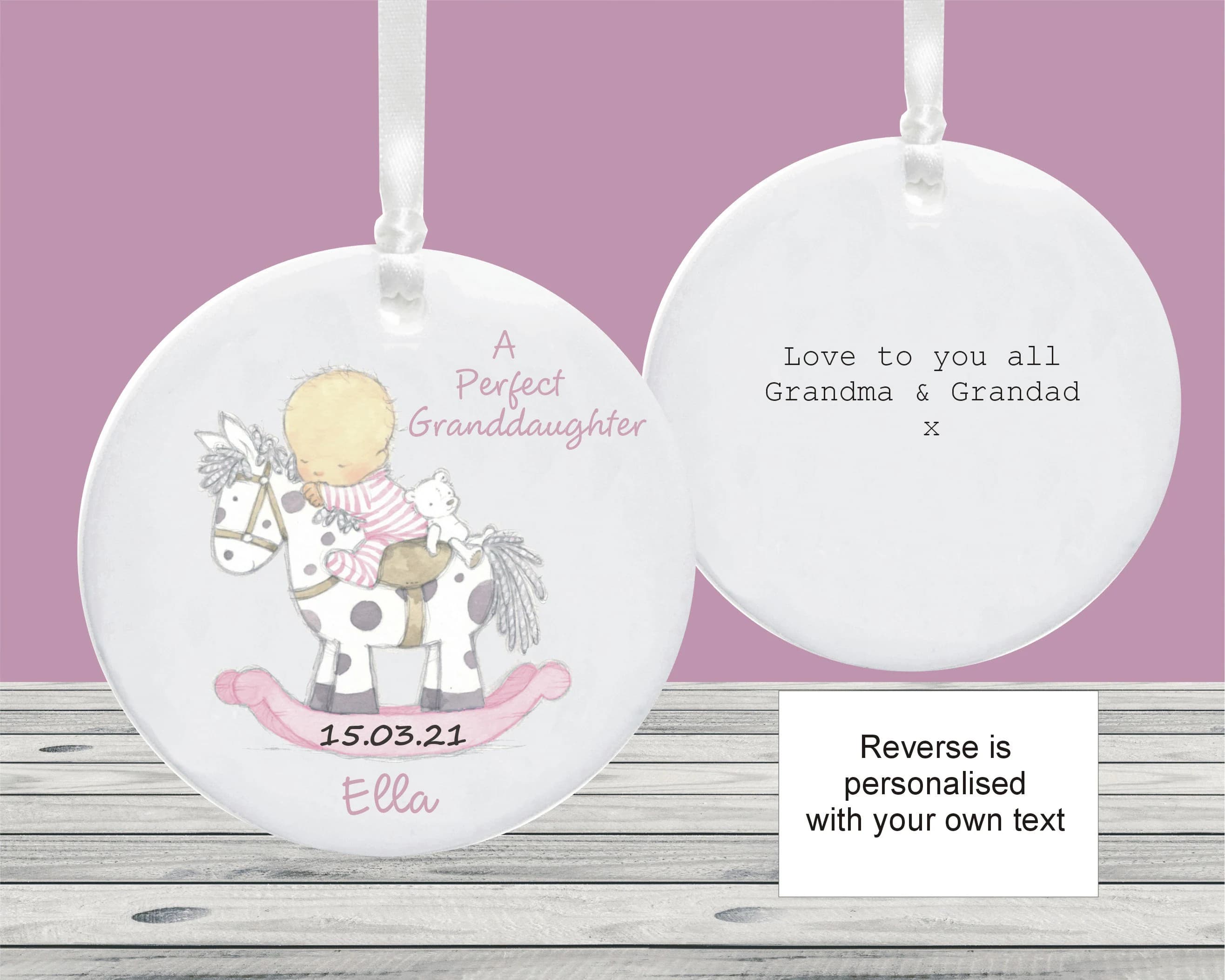 New Baby Granddaughter Ceramic Rocking Horse Decoration Ornament, Keepsake Gift for Granddaughter, Personalised Nursery New Born Keepsake