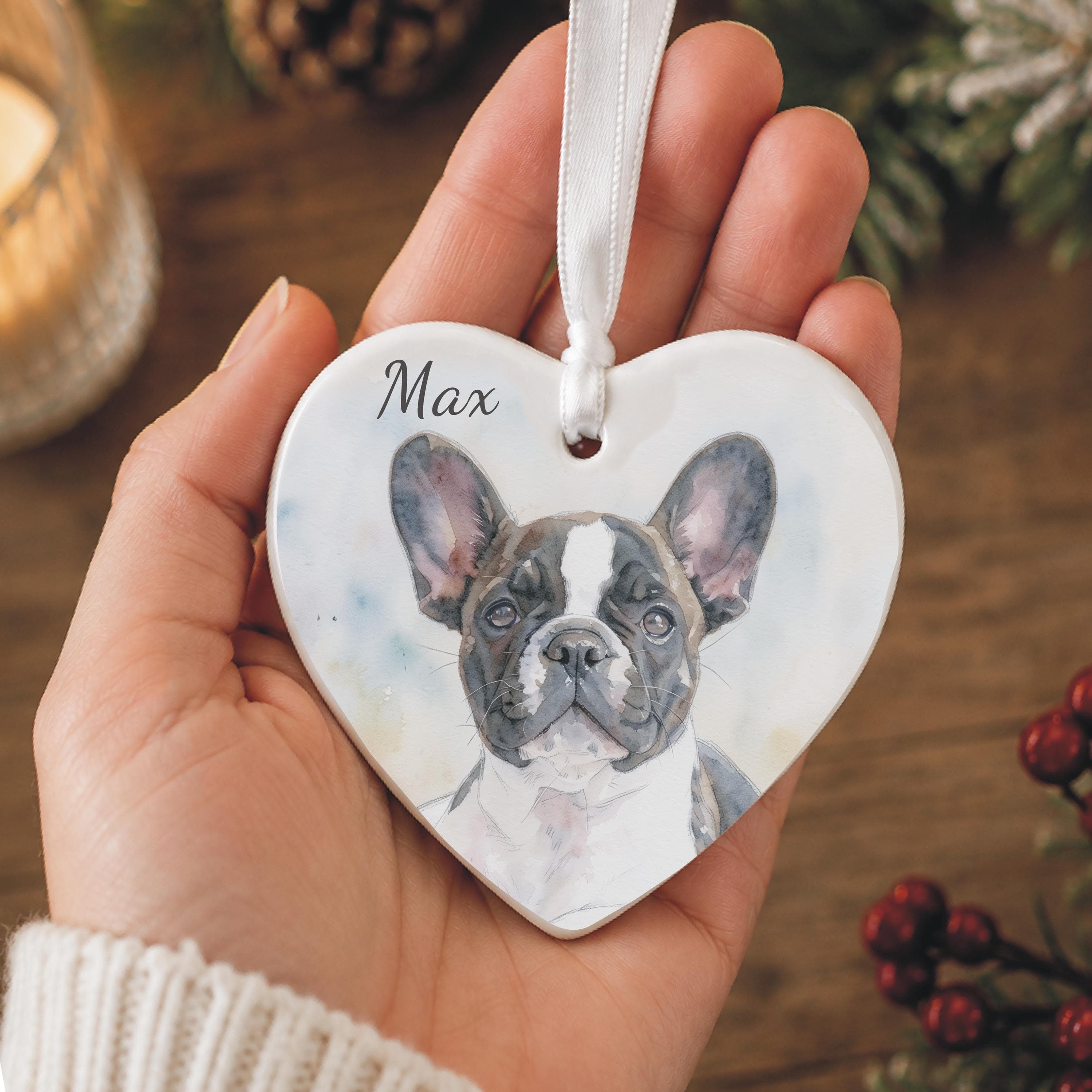 Personalised dog memorial Christmas ornament featuring a custom watercolour-style illustration created from a cherished photograph, providing a meaningful keepsake for remembering a beloved pet.