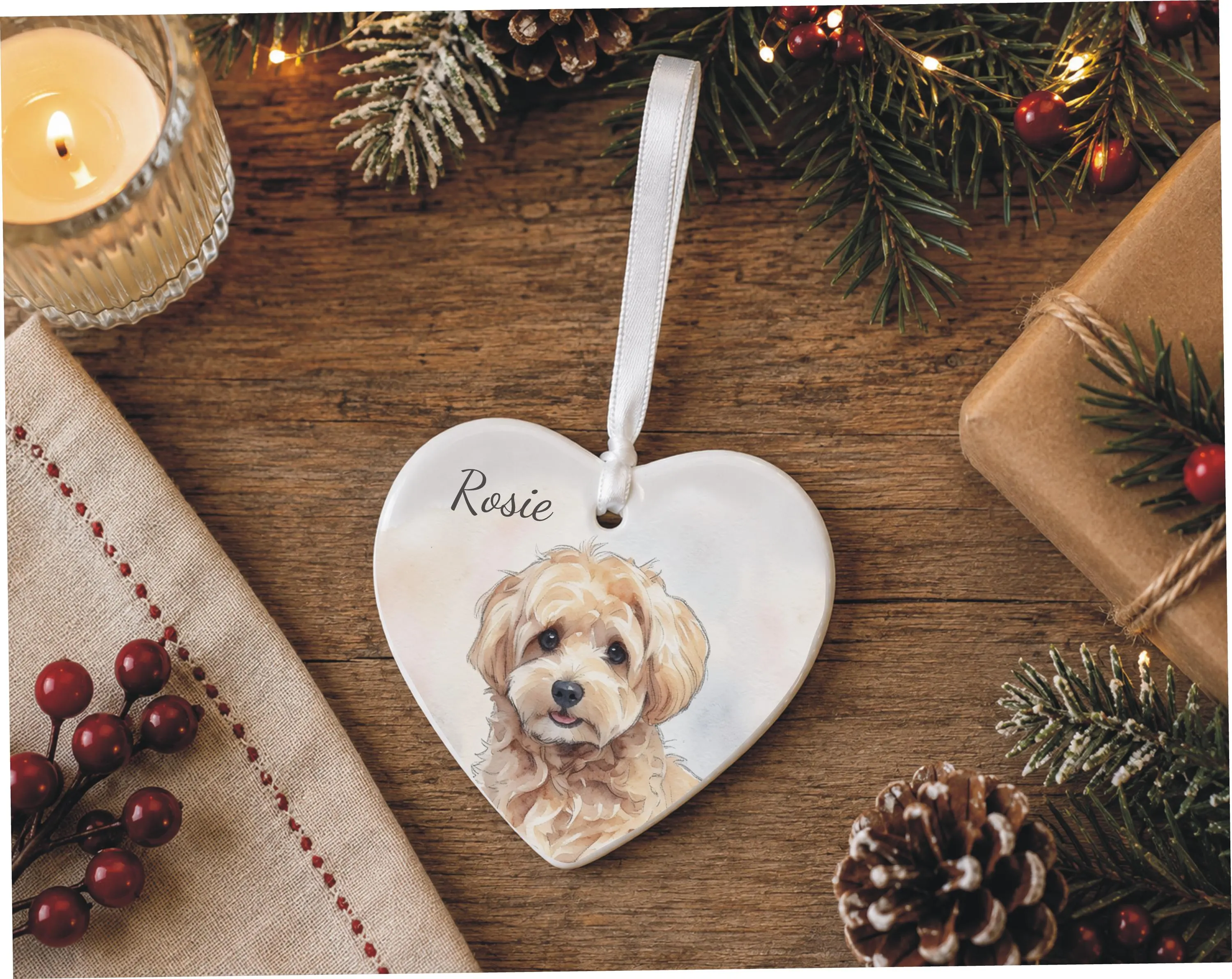 Custom dog portrait Christmas decoration created from the customer's own photograph and transformed into a charming watercolour-style illustration on a glazed ceramic heart.
