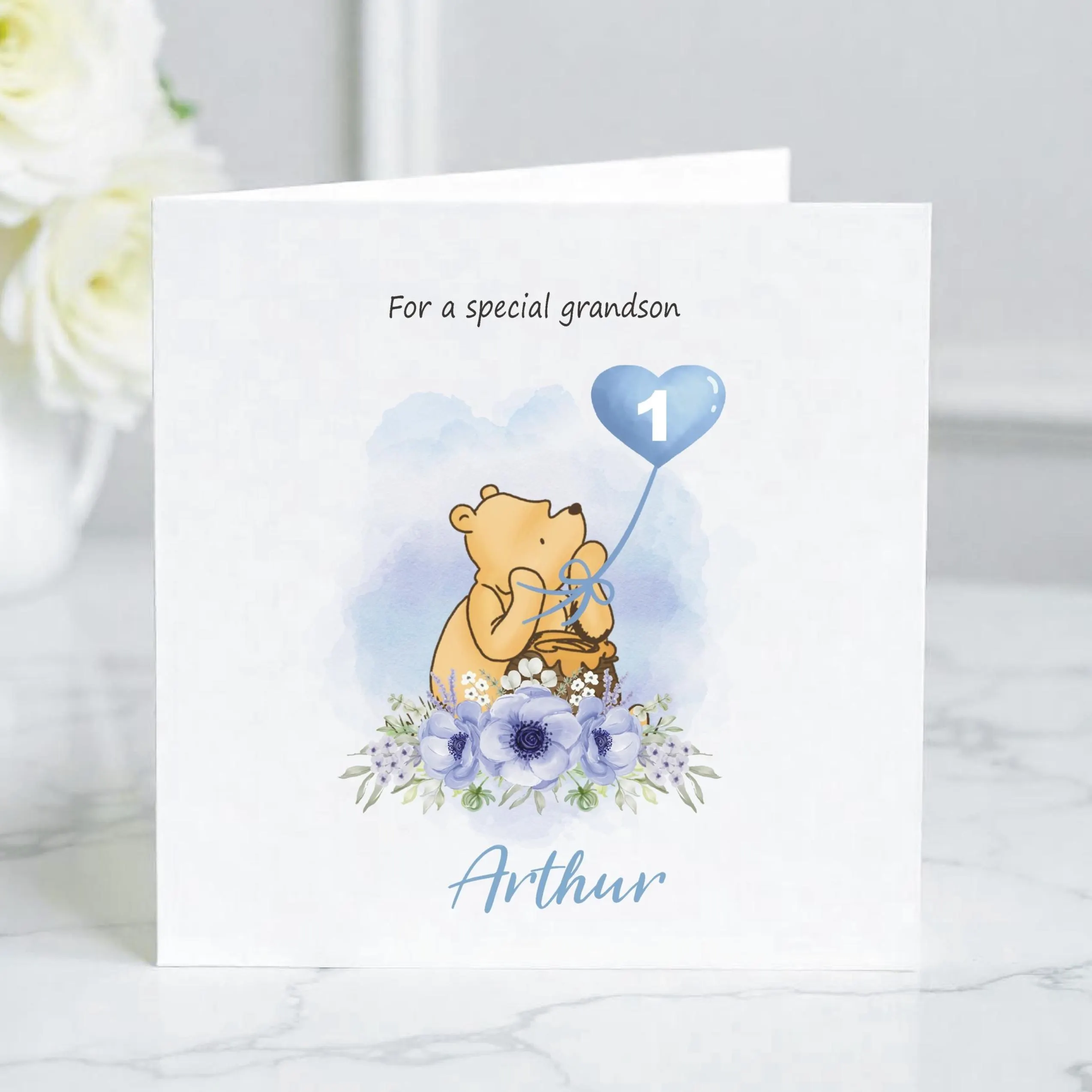Personalised Winnie The Pooh 1st Birthday Card For Grandson, Nephew, Son, Great Grandson, Godson - Boy's First Birthday