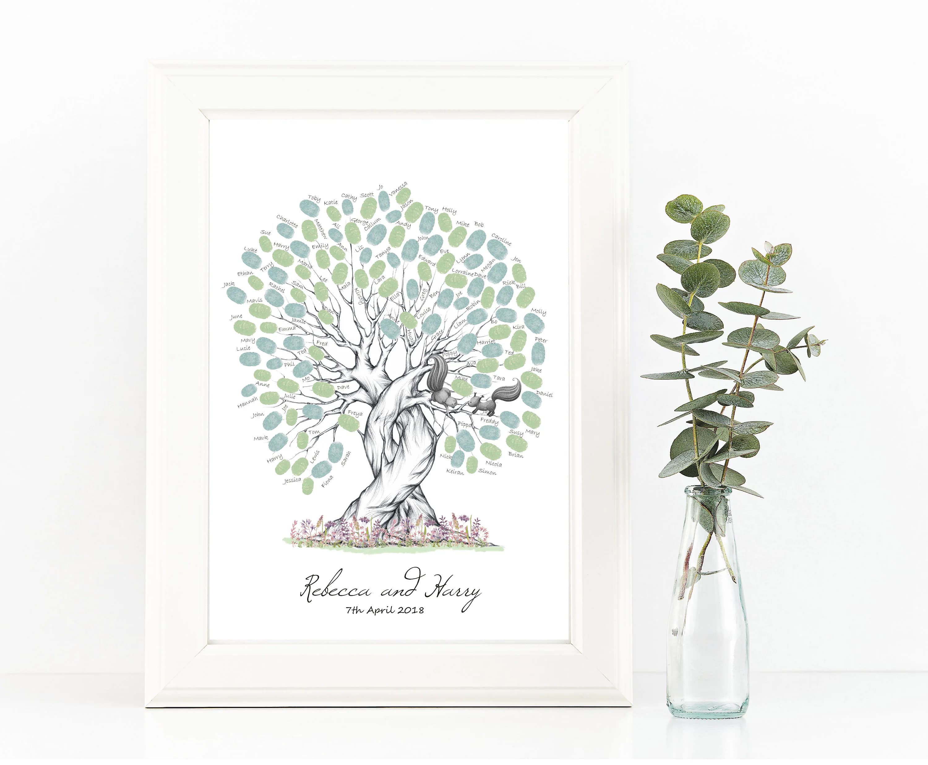 Wedding Fingerprint Tree With Squirrels - Large A3+ Entwined Trees with 2 inkpads - Guest Book Alternative - Bride and Groom Keepsake