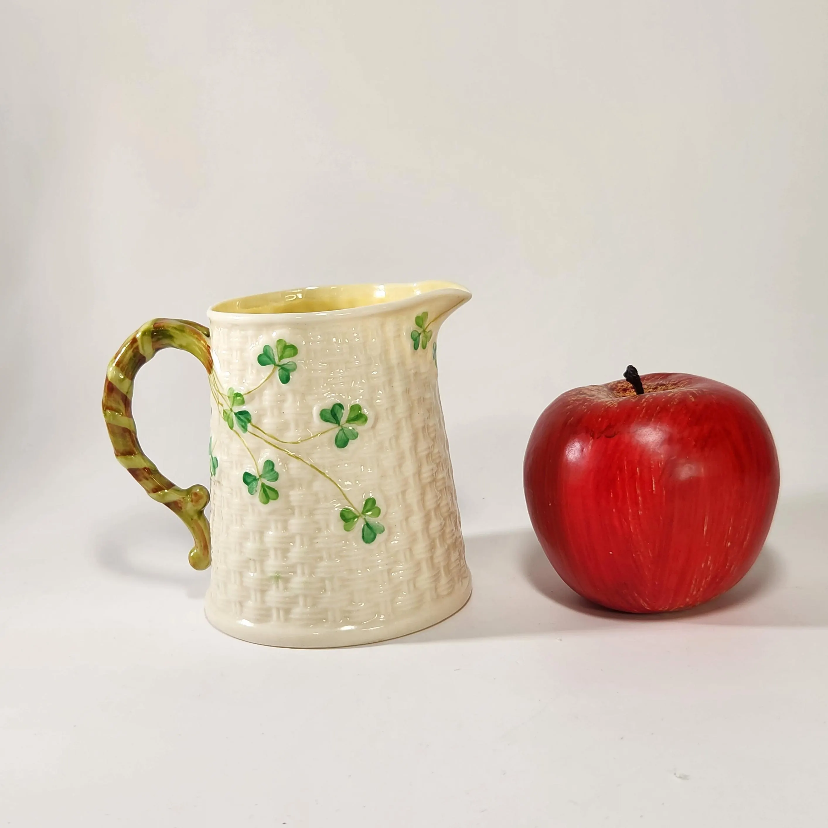 Vintage Belleek Shamrocks Pitcher Creamer Vase w Rare Rope Handle Basketweave Design Green 4th Mark 1950s Irish Porcelain - image 3