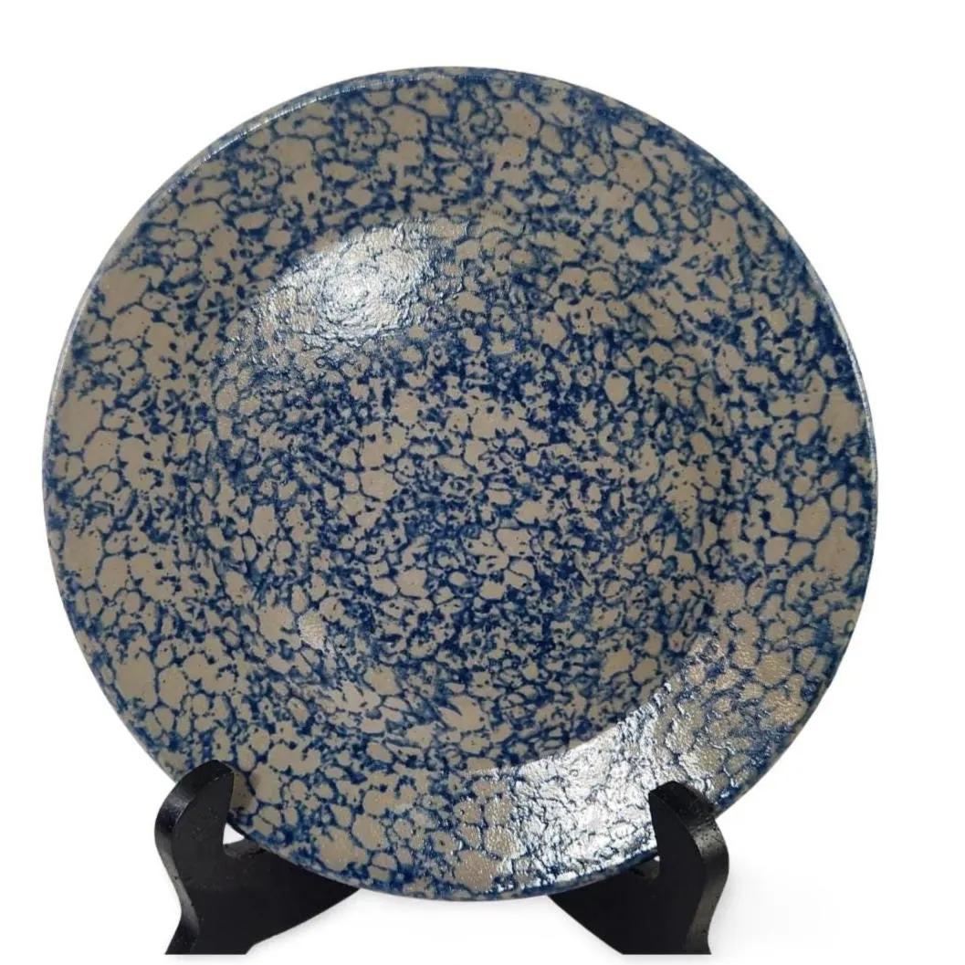 Vintage Set of 3 Beaumont Brothers 7" Pottery Plates - Blue Salt Glaze Spongeware Wall Hanging Display - image 2