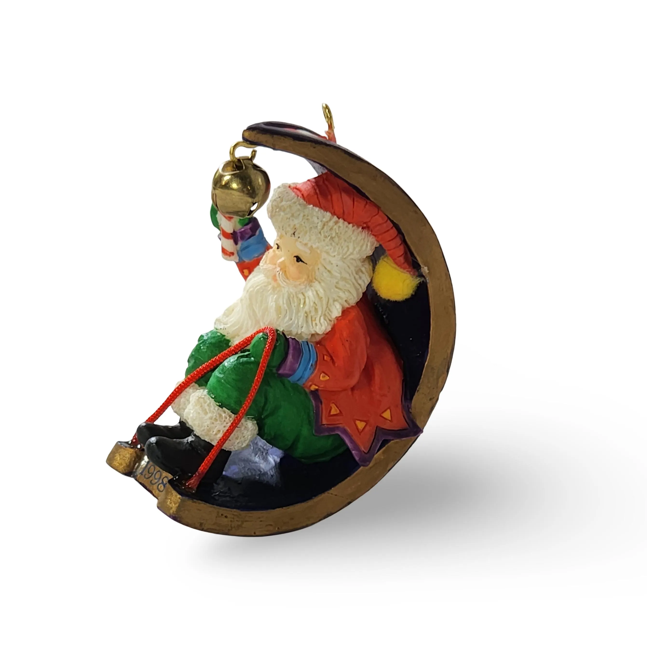 MIDNIGHT RIDE Christmas Ornament Vintage 1998 Carlton Cards Santa on Sled Moon Shaped w Jingle Bell - image 5
