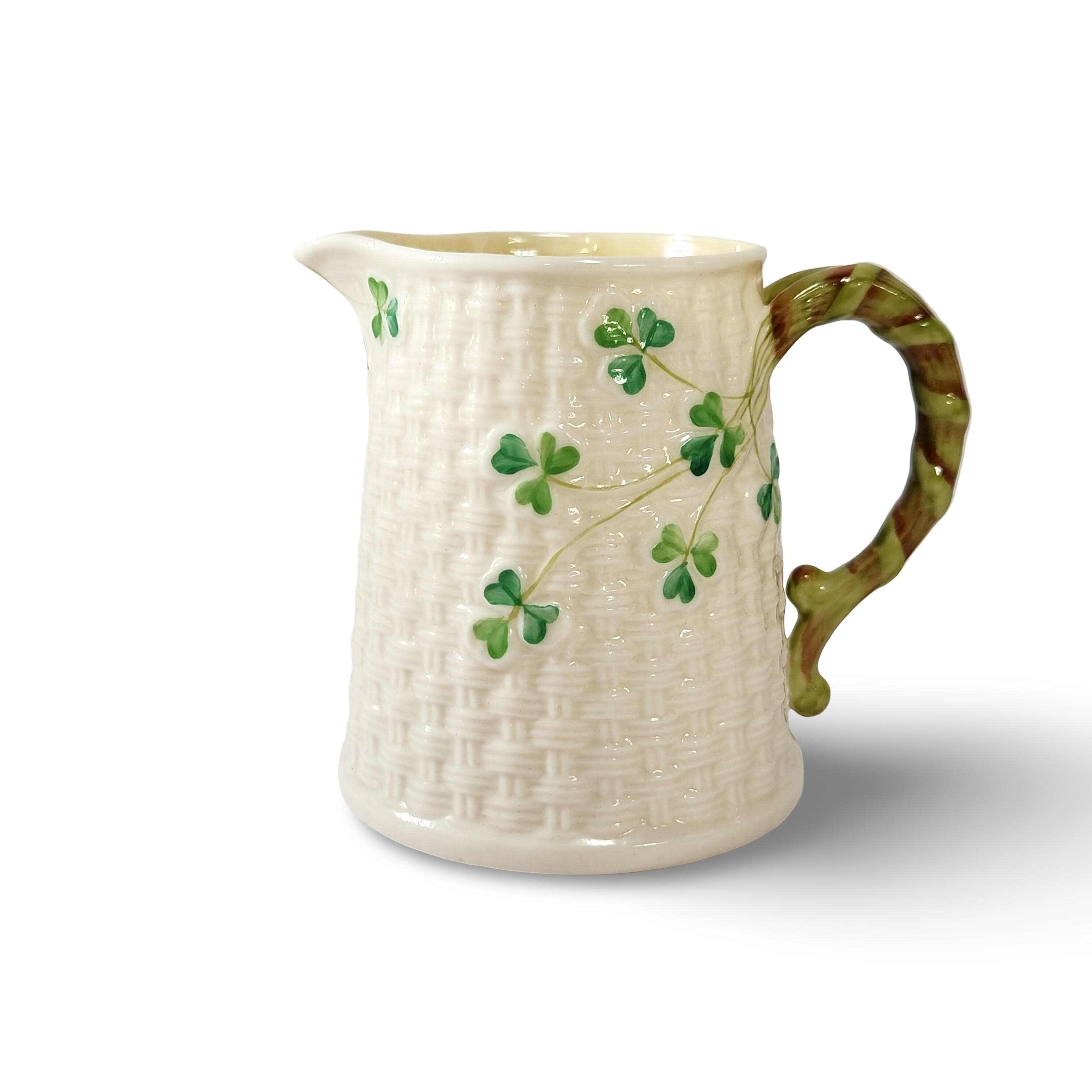 Vintage Belleek Shamrocks Pitcher Creamer Vase w Rare Rope Handle Basketweave Design Green 4th Mark 1950s Irish Porcelain - image 5