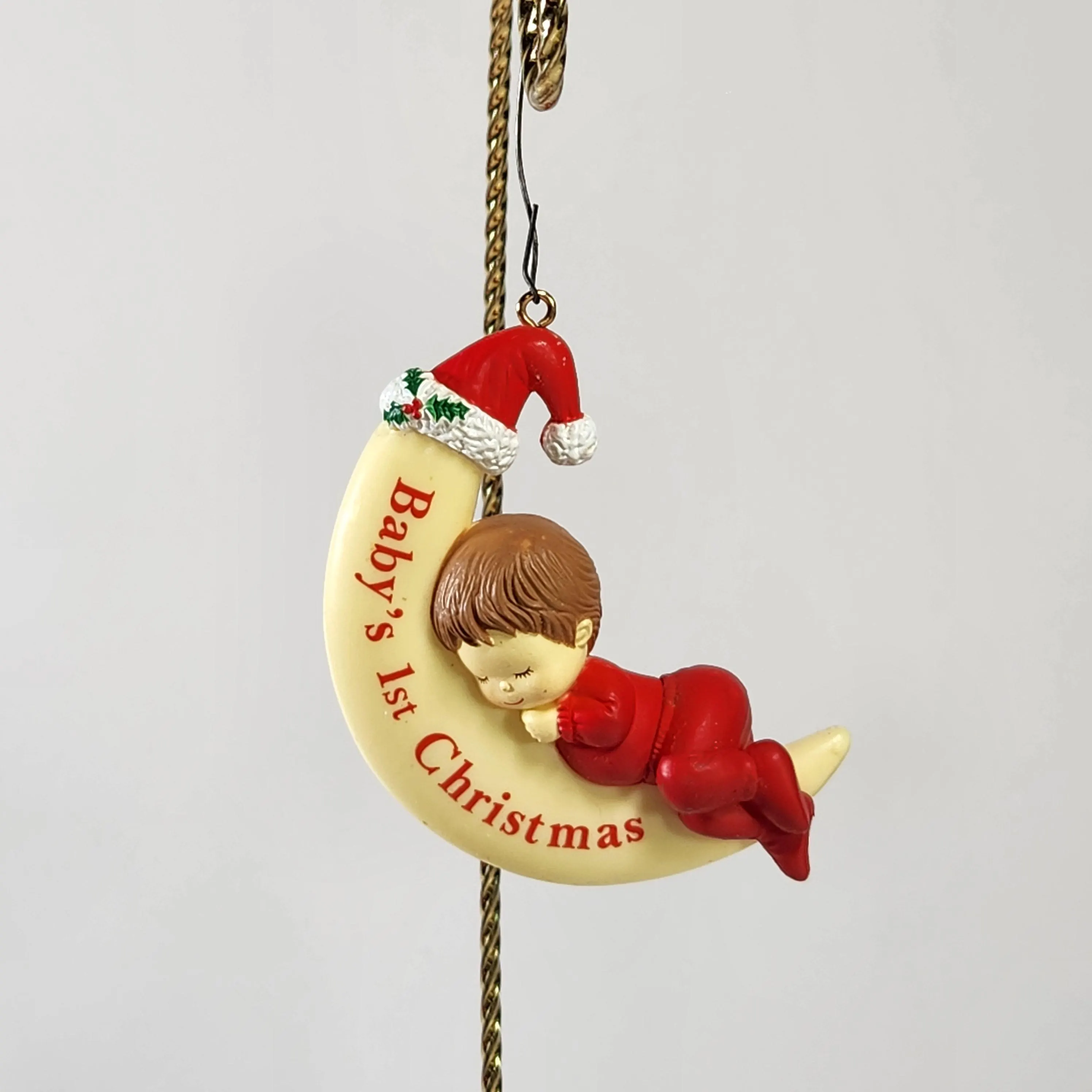 Vintage Baby's First Christmas Ornament - 1980s Crescent Moon Hanging Tree - image 3