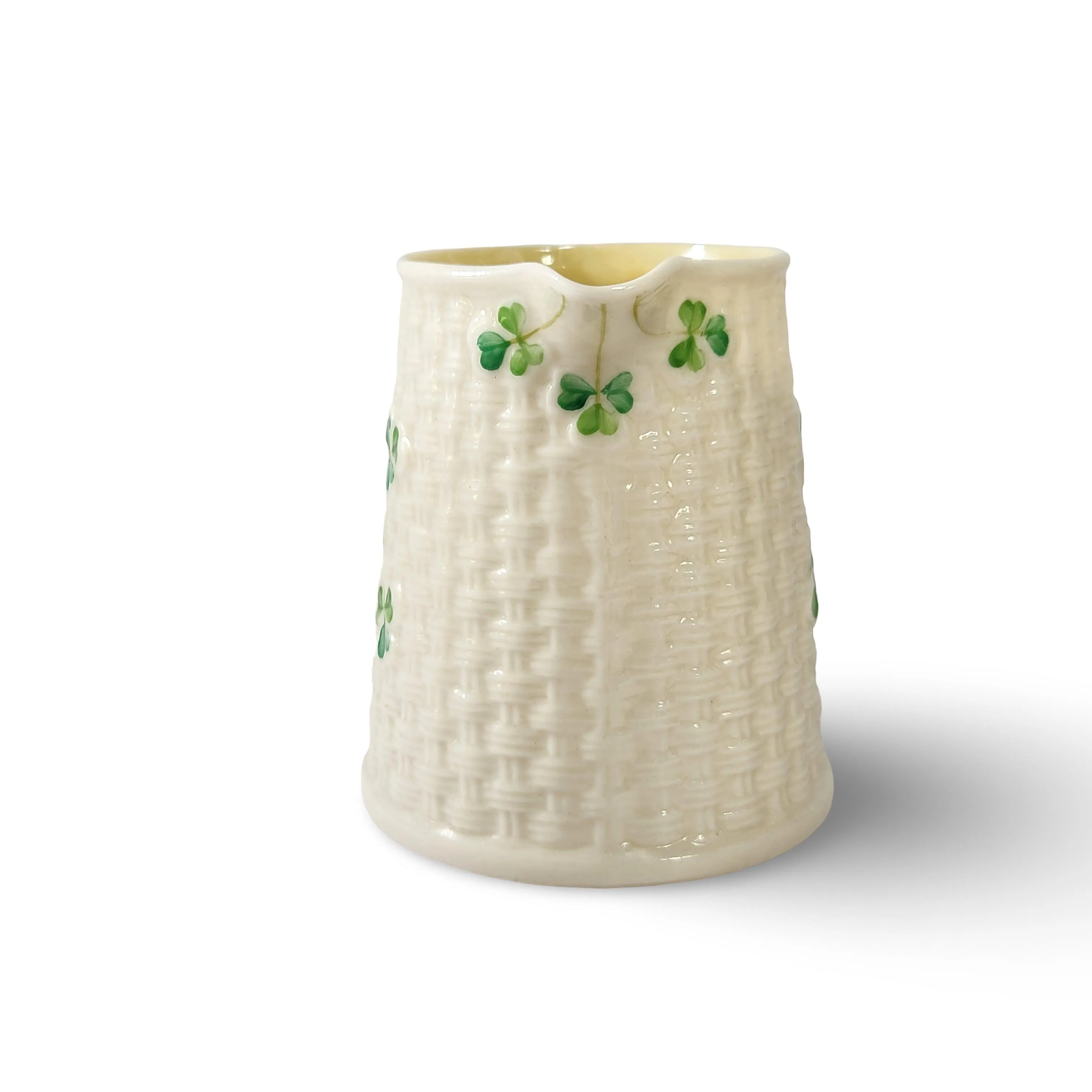 Vintage Belleek Shamrocks Pitcher Creamer Vase w Rare Rope Handle Basketweave Design Green 4th Mark 1950s Irish Porcelain - image 4