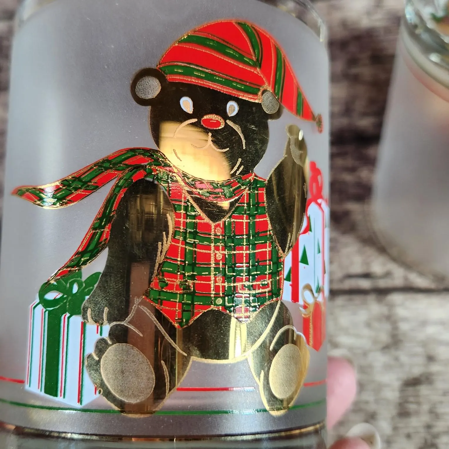Culver CHRISTMAS BEAR Whisky Glass - 22K Gold Trim Milk Glass Santas Cookies Barware Yule Teddy