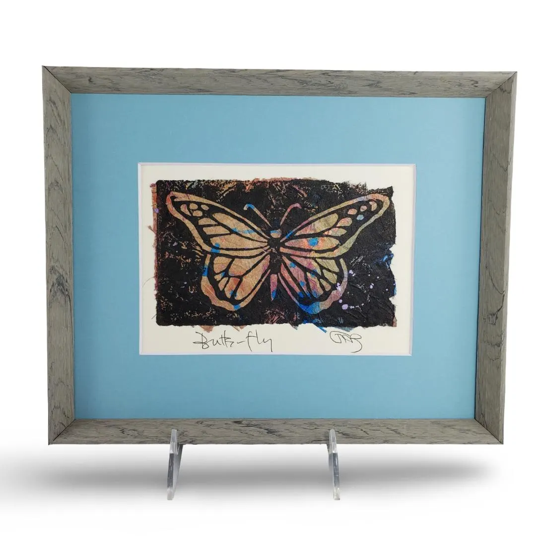 Original Art - Vintage Block Print "Butterfly” w Choice of Frame - Metallic Mixed Media - Artist Francy Blumhagen Salmonberry Studio - image 3