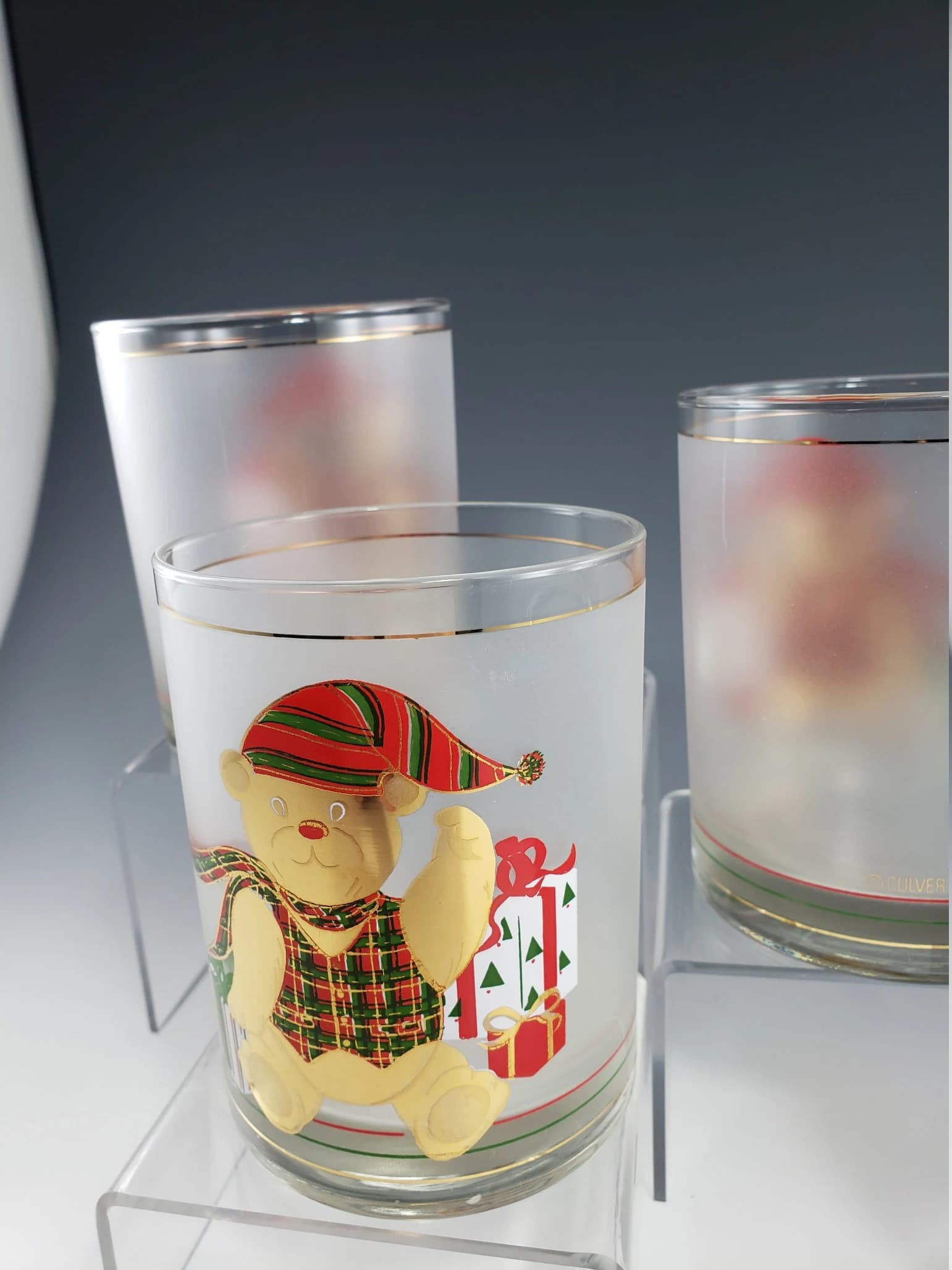 Culver CHRISTMAS BEAR Whisky Glass - 22K Gold Trim Milk Glass Santas Cookies Barware Yule Teddy - image 3